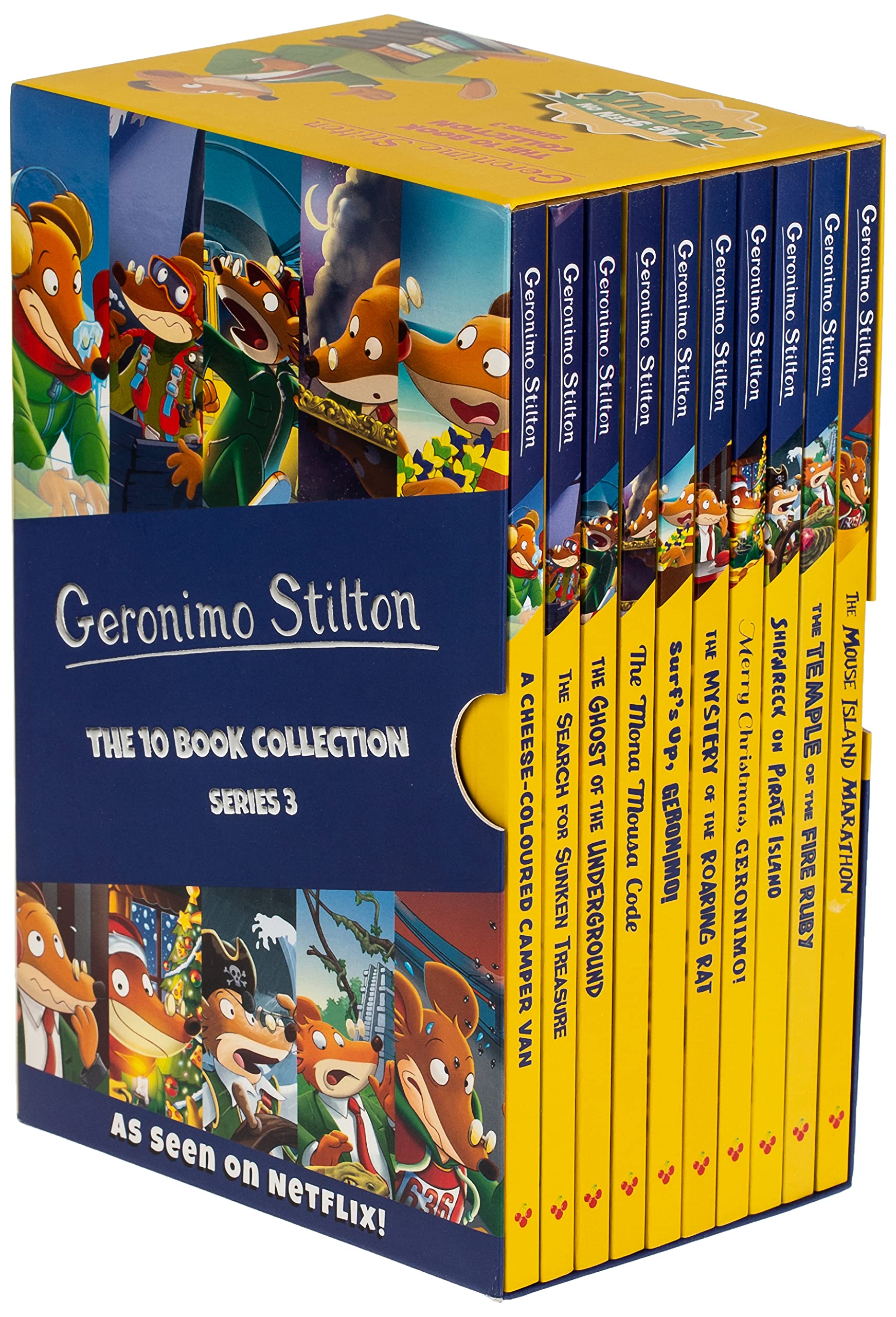Full set of Geronimo Stilton Series 3 paperback books fanned out, displaying titles including A Cheese-Coloured Camper Van and The Mouse Island Marathon.