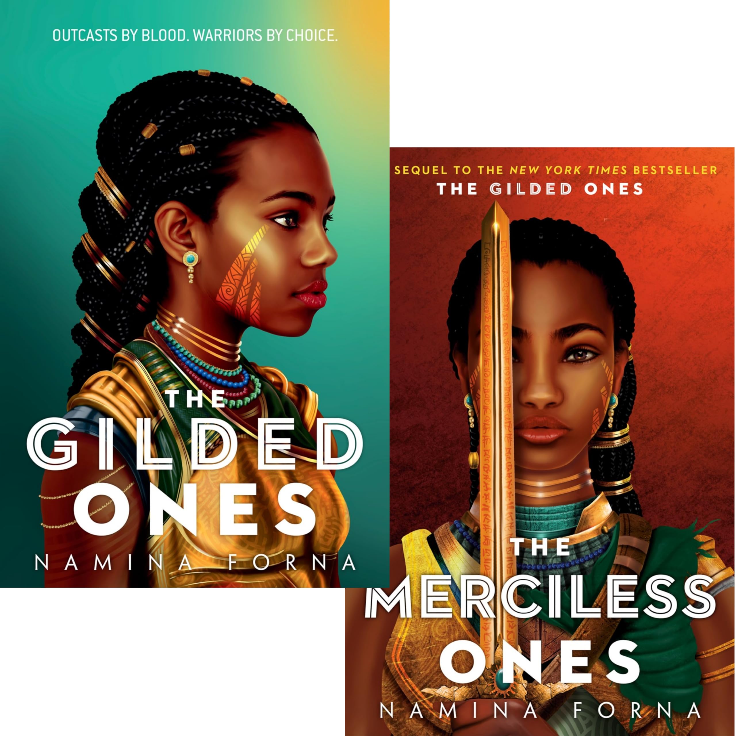 Front covers of The Gilded Ones 2-book paperback collection set by Namina Forna, showing both vibrant Young Adult fantasy covers side by side.