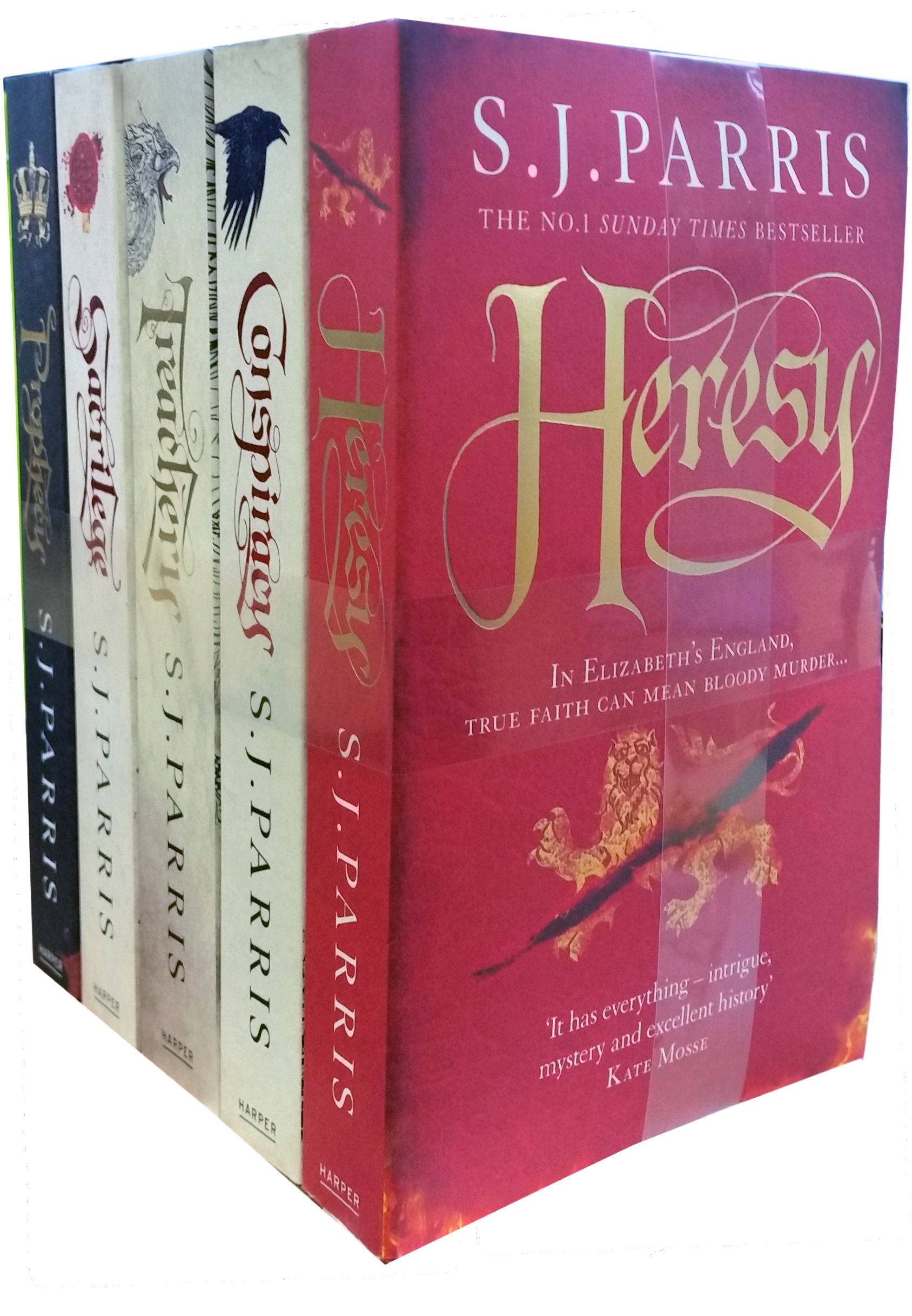 Giordano Bruno series by S.J. Parris 5 books paperback collection set, showing front covers of Heresy, Prophecy, Sacrilege, Treachery, and Conspiracy fanned out together.