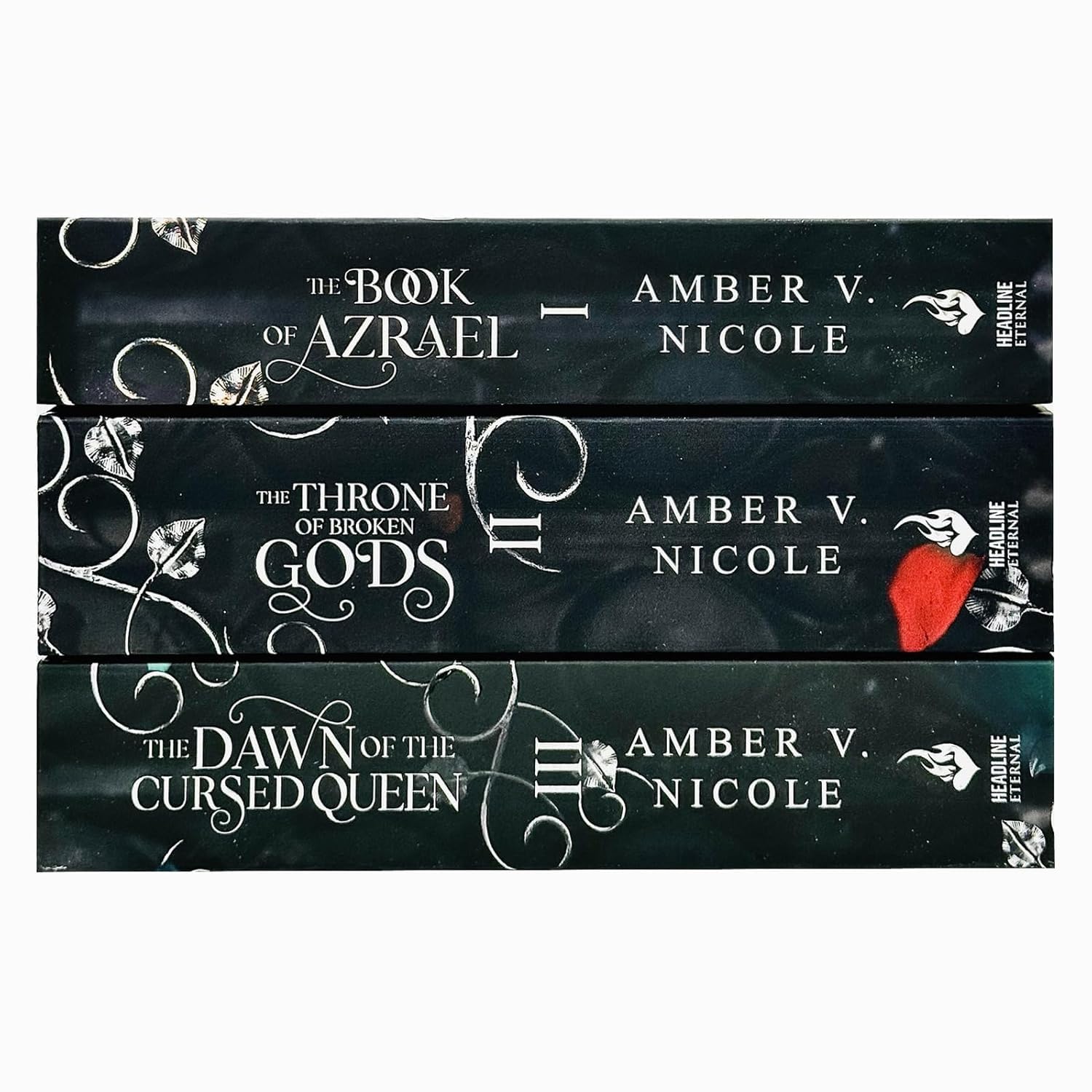 The Book of Azrael, The Throne of Broken Gods, and The Dawn of the Cursed Queen paperbacks fanned out to show all three spines and covers.