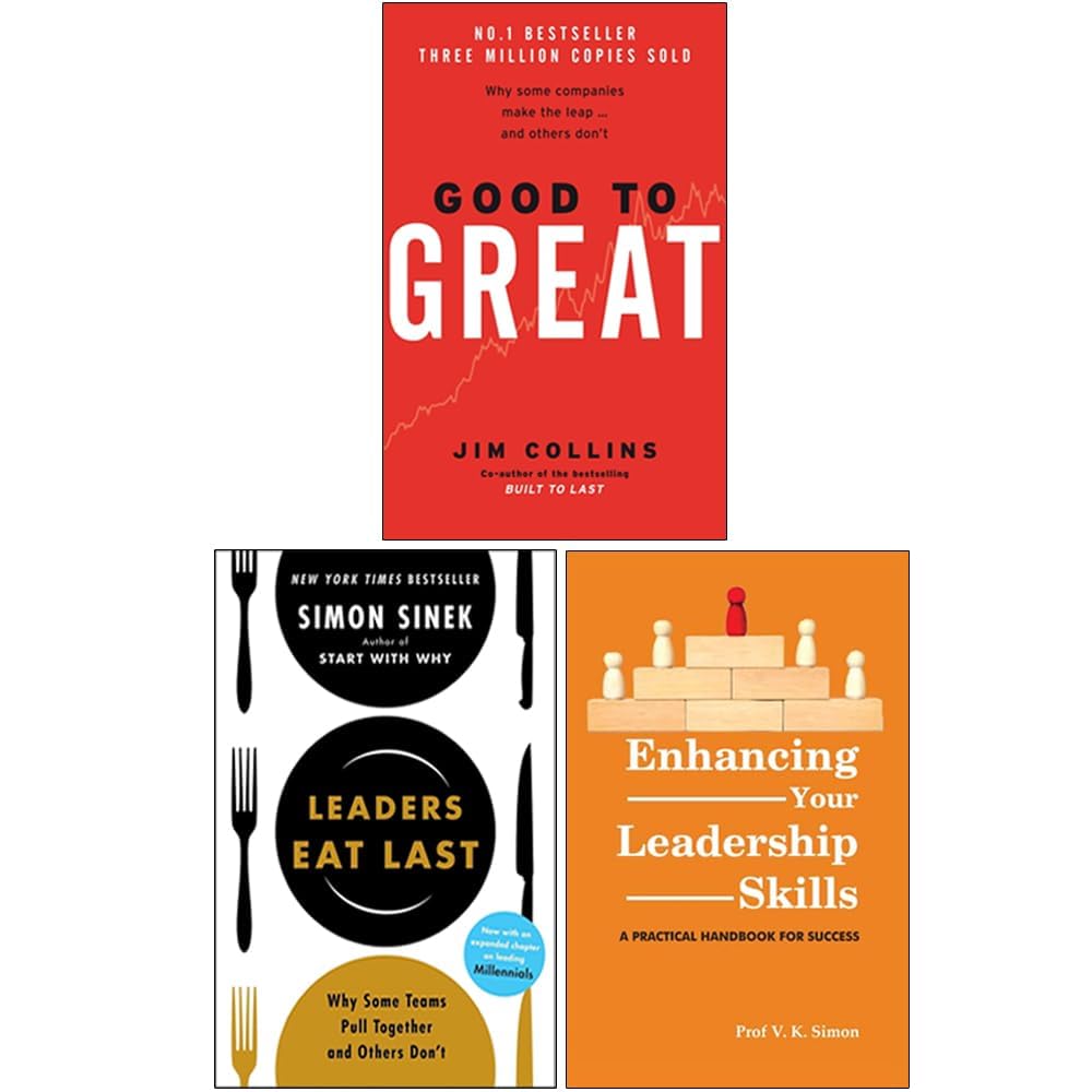 Front covers of the Good To Great, Leaders Eat Last, and Enhancing Your Leadership Skills 3 books collection set in mixed hardcover and paperback format