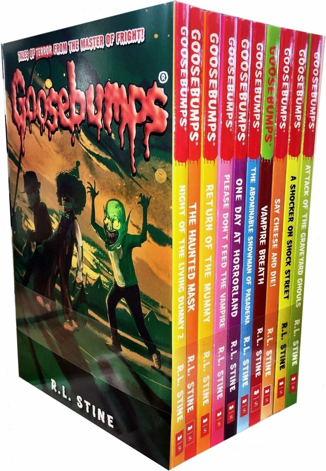 Full set of 10 Goosebumps Classic paperback books by R.L. Stine fanned out, showing spooky cover art for the middle-grade horror collection.