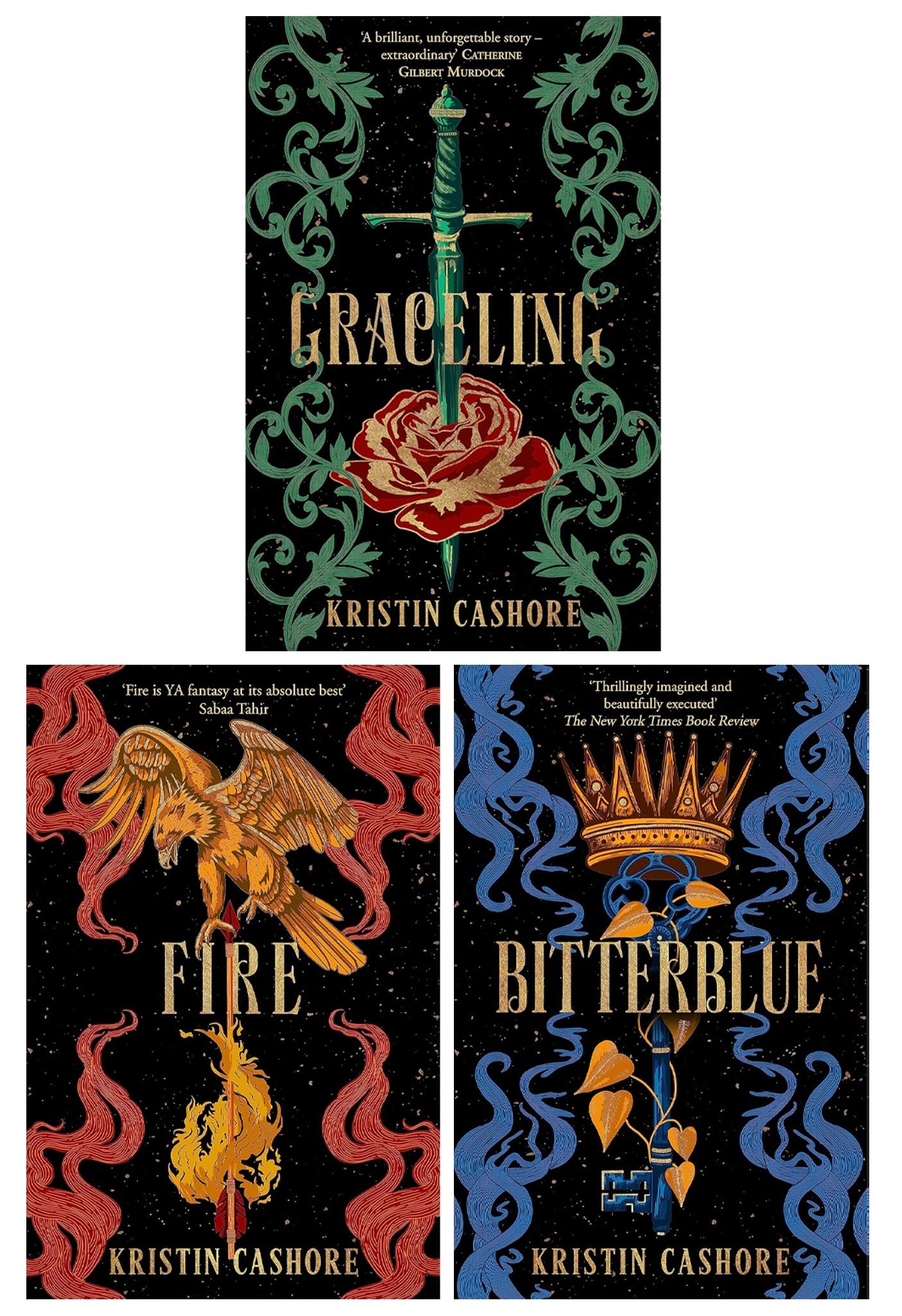 Close-up of the Graceling, Fire, and Bitterblue paperback book covers by Kristin Cashore