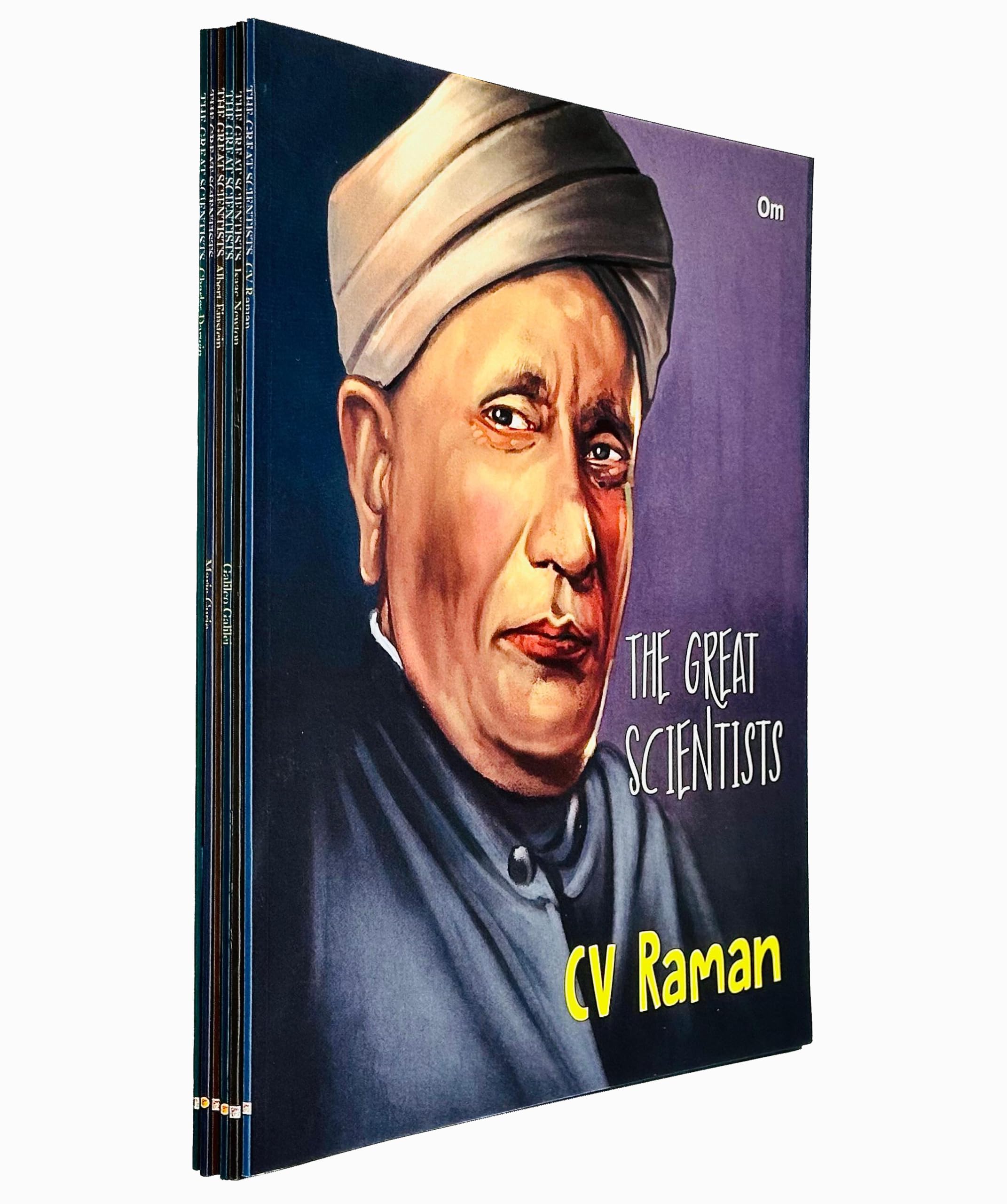 All six paperback titles from The Great Scientists collection fanned out, including Darwin, Raman, Galileo, Newton, Curie and Einstein