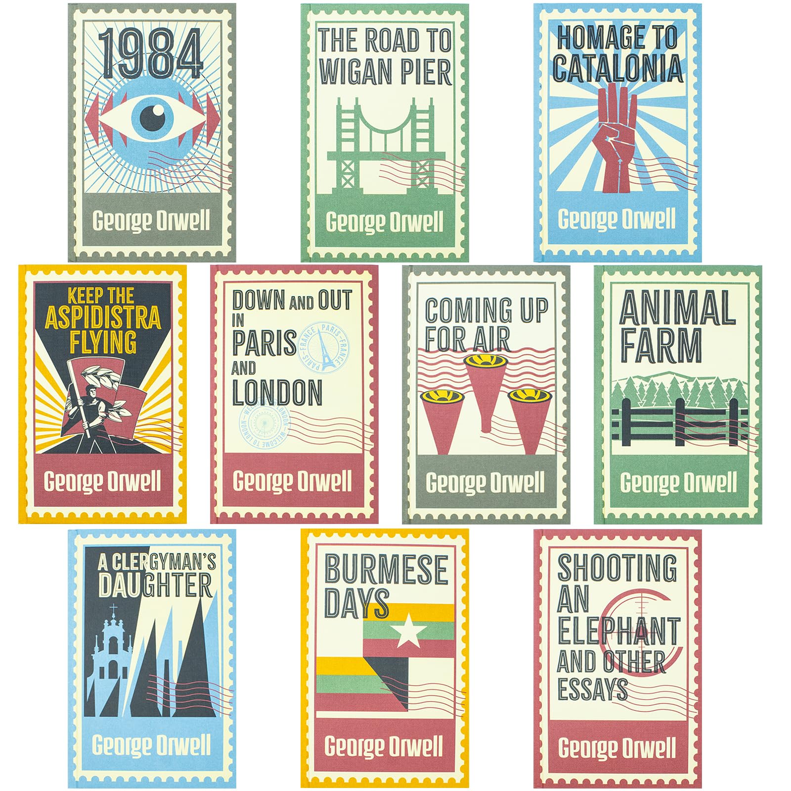 Group shot of Orwell's nonfiction titles including The Road to Wigan Pier and Down and Out in Paris and London