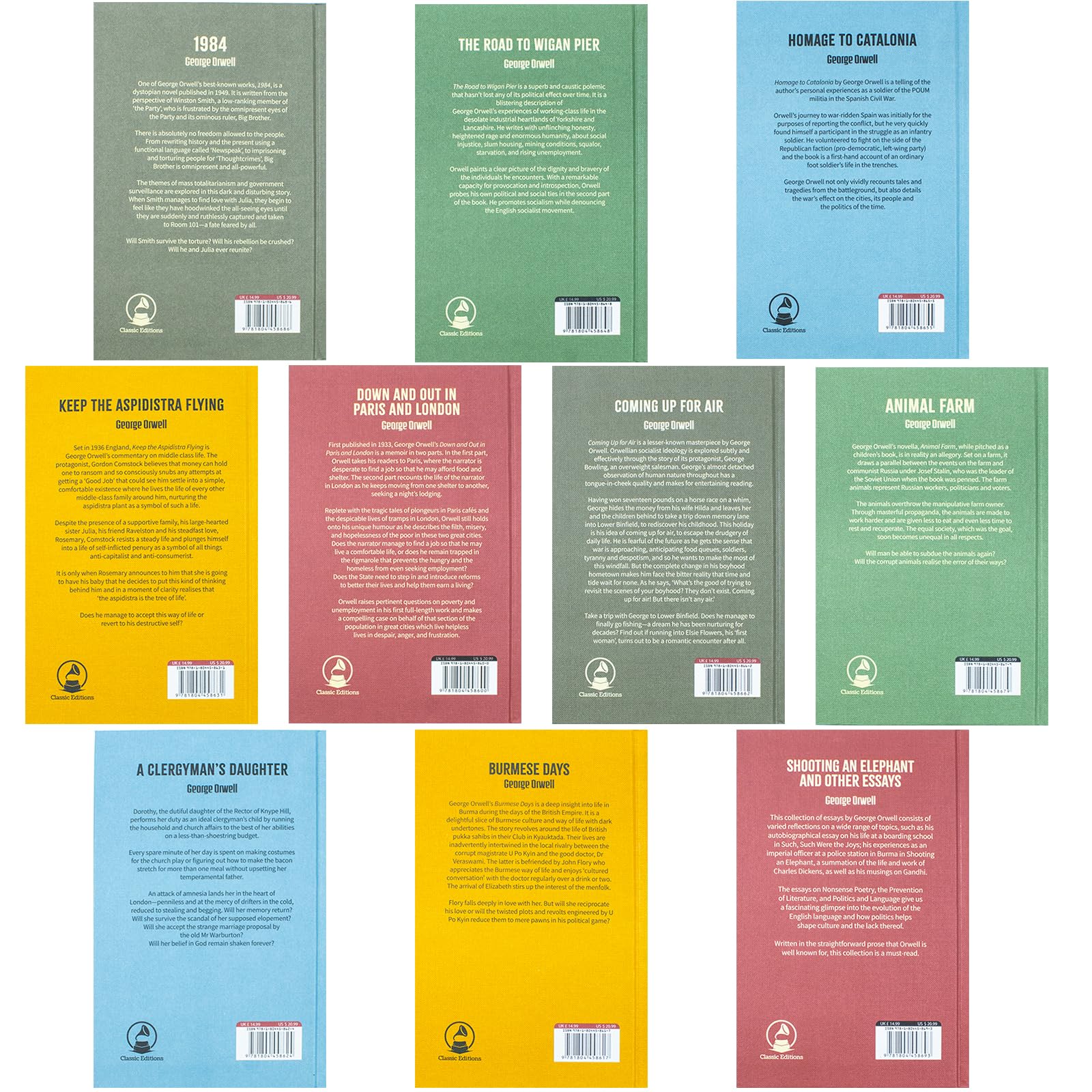 Group shot of Orwell's fiction titles including Burmese Days, Coming Up for Air, and Keep the Aspidistra Flying
