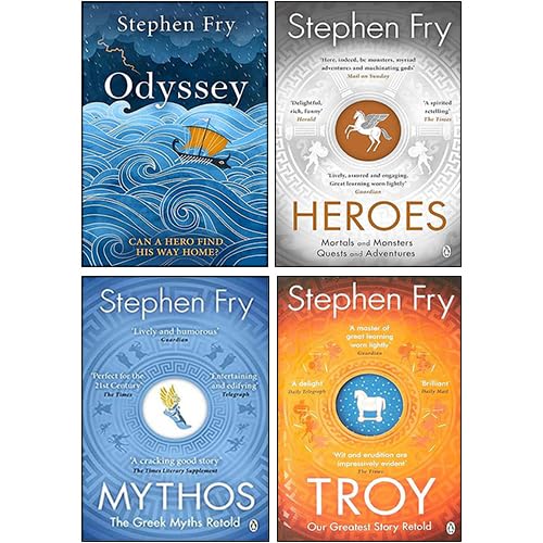 Front cover of Stephen Fry's Greek Myths Series 4-book paperback collection set featuring Mythos, Heroes, Troy, and Odyssey