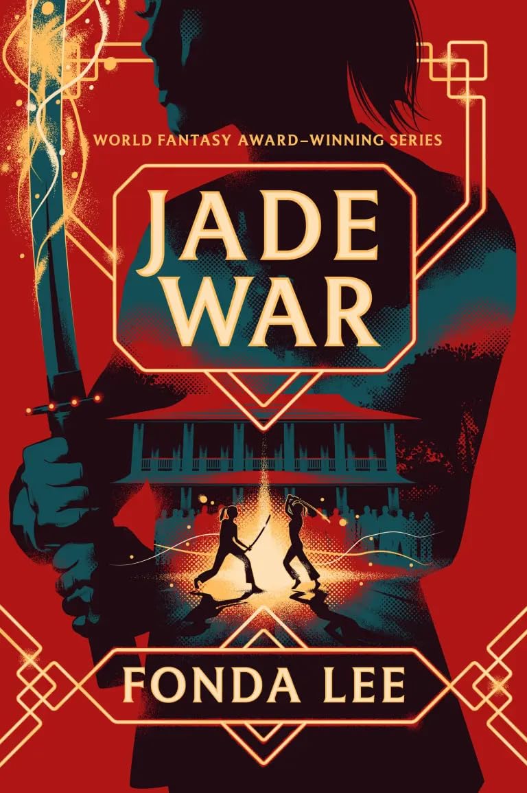 Close-up of the Green Bone Saga paperback set by Fonda Lee highlighting the vibrant cover artwork on Jade City, Jade War, and Jade Legacy.