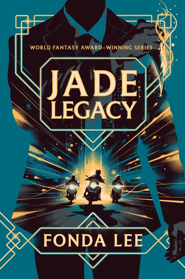 Stacked paperback set of The Green Bone Saga by Fonda Lee, displaying spine text for Jade City, Jade War, and Jade Legacy.