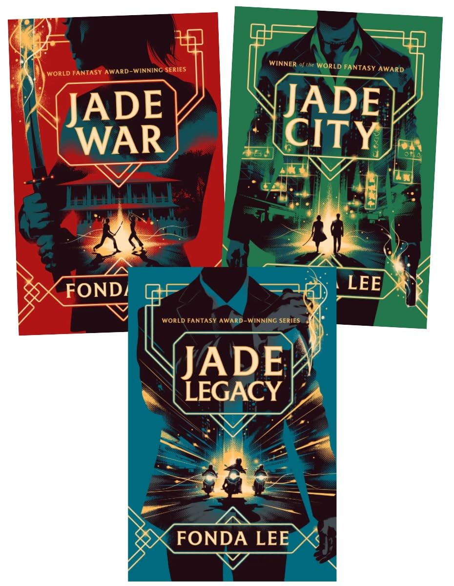 Front covers of all three Green Bone Saga paperbacks by Fonda Lee — Jade City, Jade War, and Jade Legacy — shown together with spines visible.