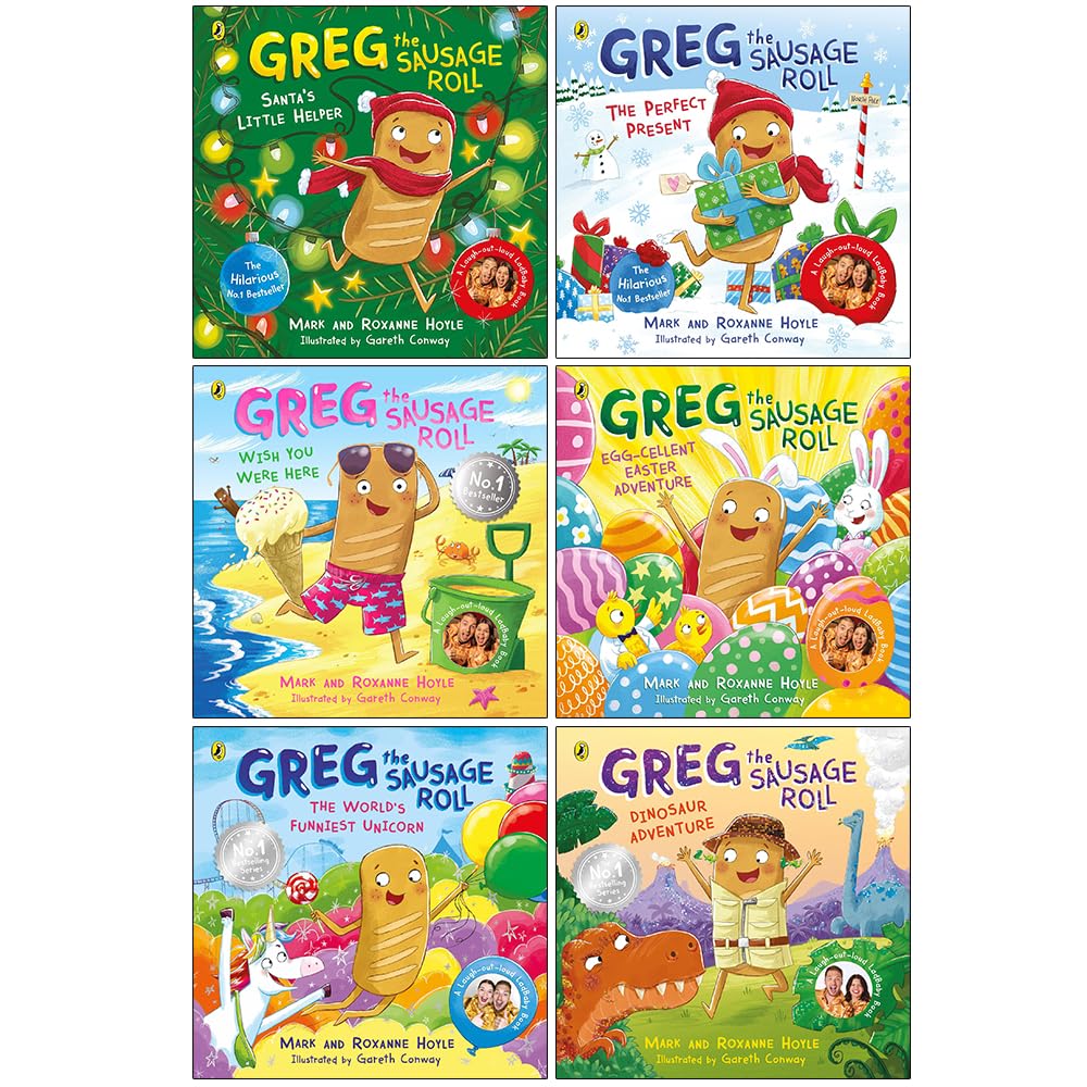 Greg the Sausage Roll 6 Books Collection Set by Mark Hoyle & Roxanne Hoyle, paperback, ages 3-7 — front covers of all six paperback books fanned out