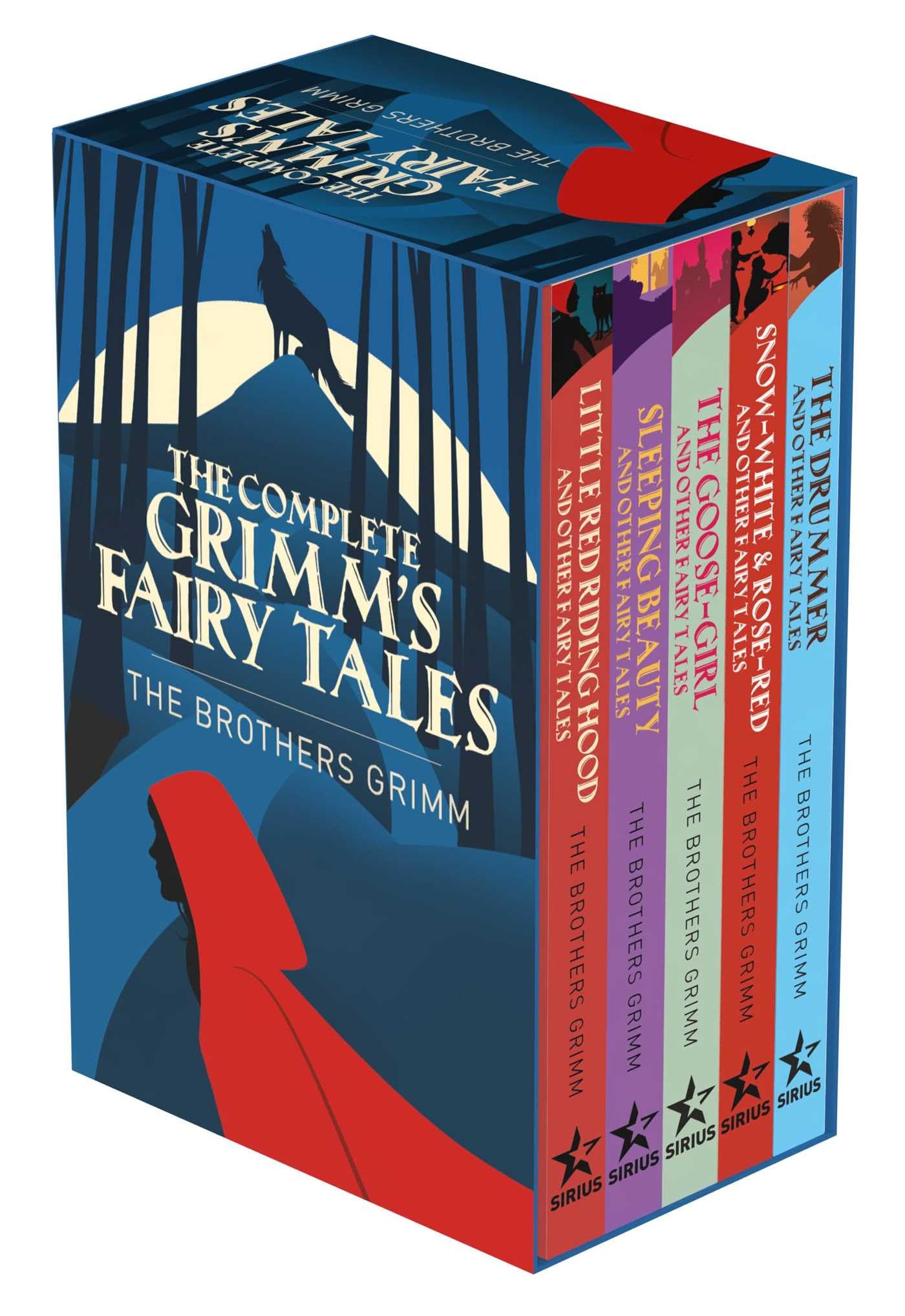The Complete Grimm's Fairy Tales 5-book paperback boxed set by Jacob and Wilhelm Grimm, front cover of the box set showing all five volumes