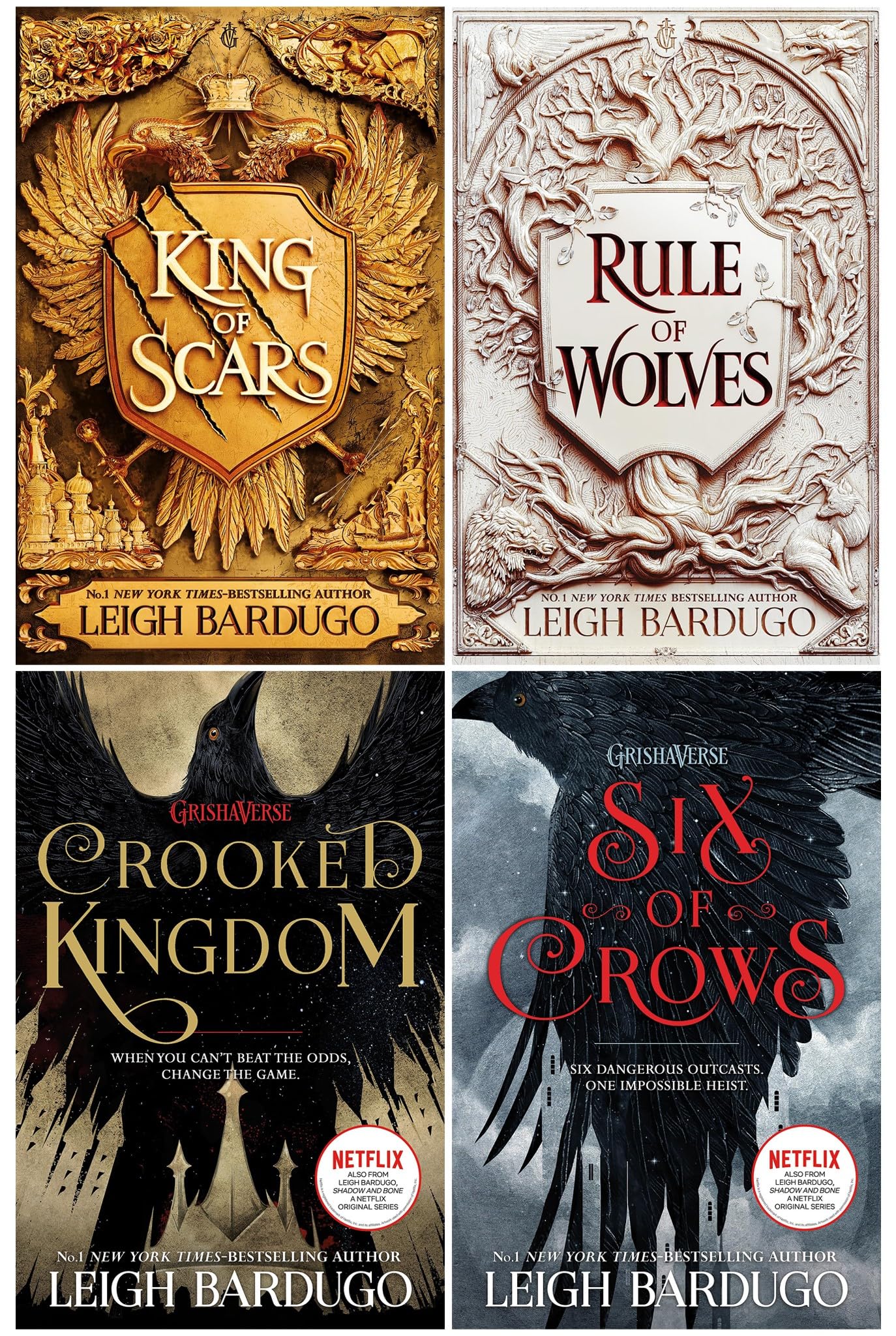 Grishaverse by Leigh Bardugo 4 Books Collection Set paperback front covers, including Six of Crows, Crooked Kingdom, King of Scars, and Rule of Wolves