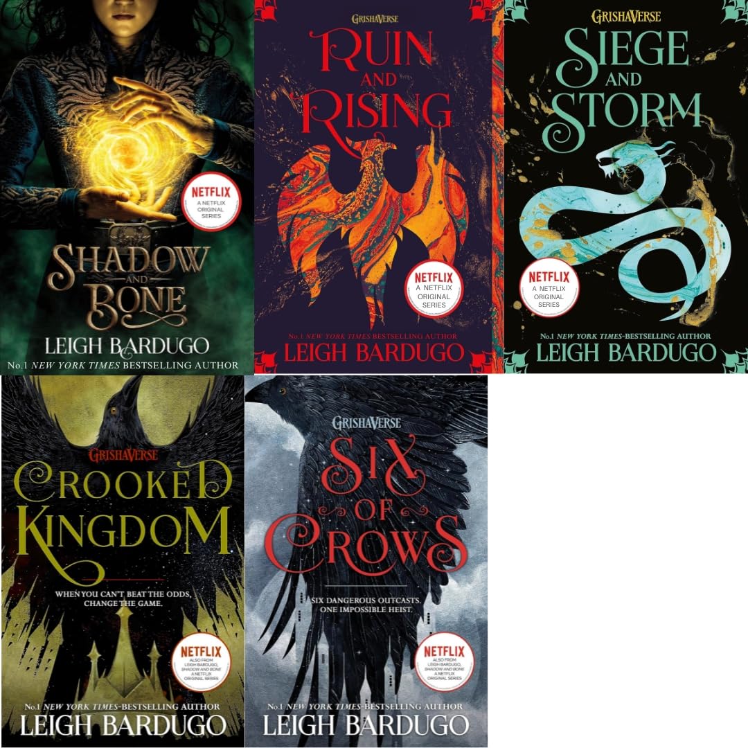 Grishaverse 5 book set back cover with synopsis and Shadow and Bone trilogy titles