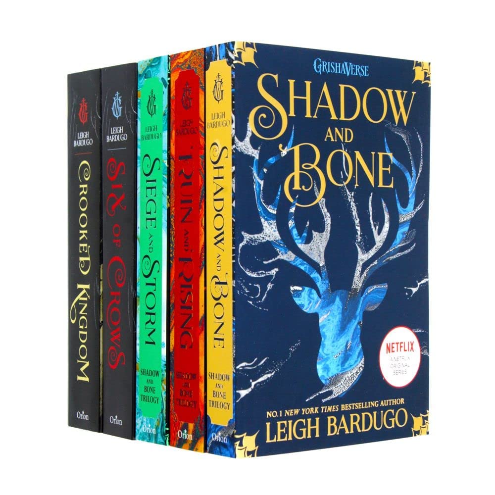 Front cover of the Grishaverse 5 Books Collection Set by Leigh Bardugo, paperback, showing Shadow and Bone, Siege and Storm, Ruin and Rising, Six of Crows, and Crooked Kingdom