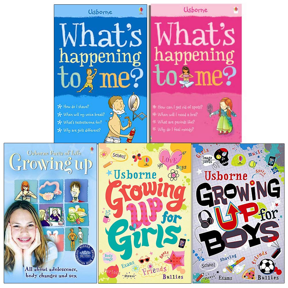 Growing Up & Facts of Life 5 Books Collection Set, Usborne paperback for ages 9-12 - front cover of the full 5-book paperback set showing all spines and covers together