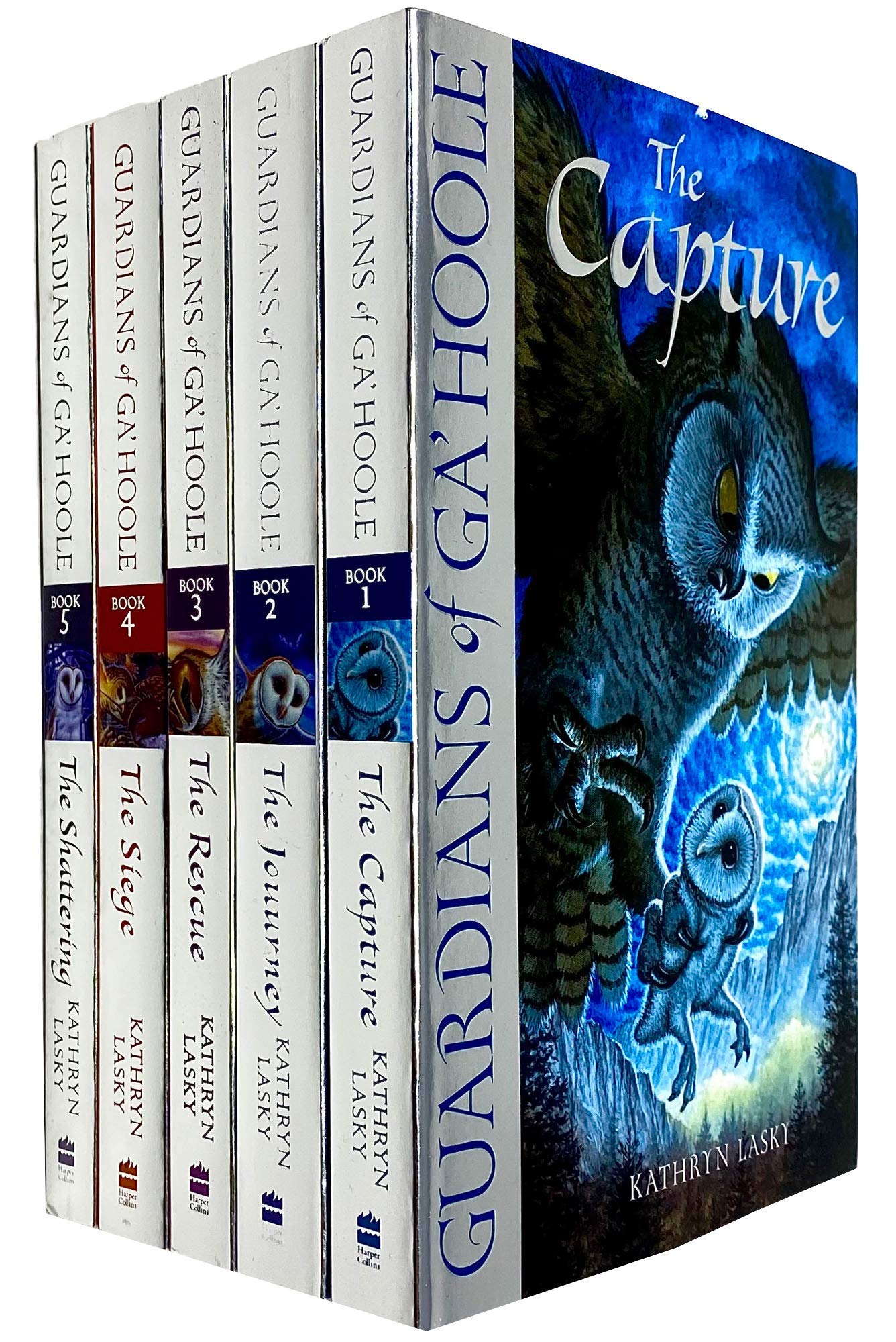 Front cover view of the Guardians of Ga'Hoole 5-book paperback collection set by Kathryn Lasky, showing all five owl fantasy titles for ages 7-9.