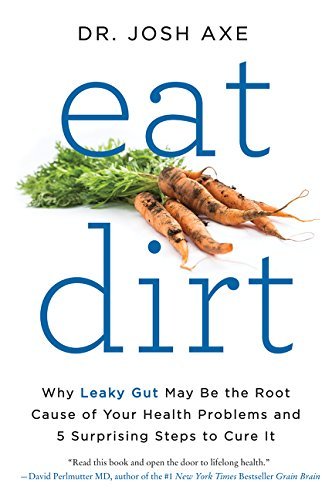 Close-up of the Eat Dirt paperback cover by Dr. Josh Axe with leaky gut subtitle