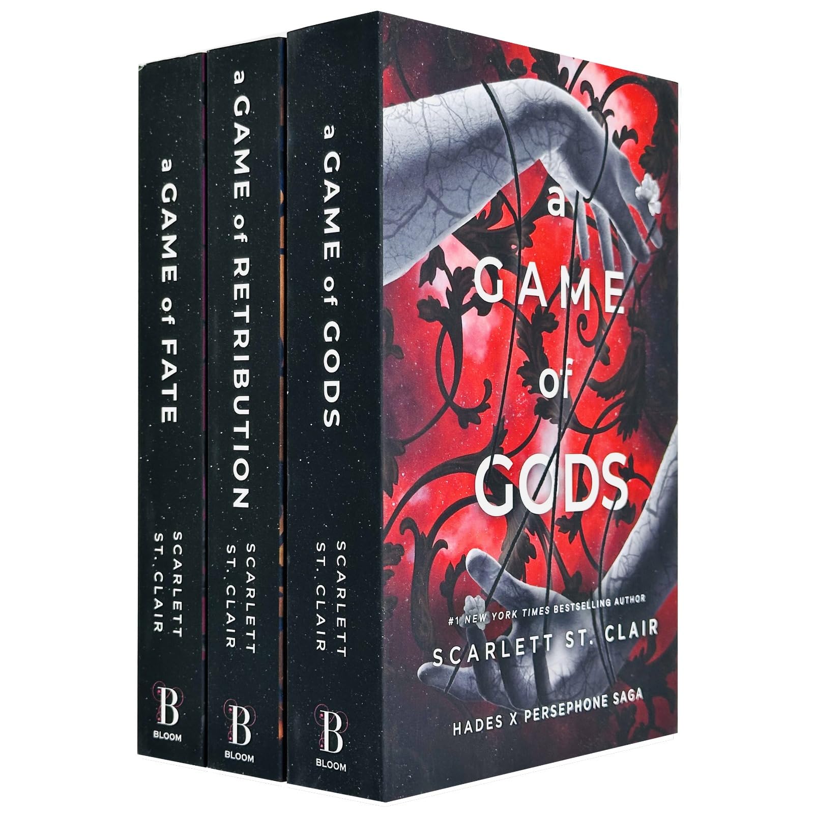 Hades x Persephone Saga 3 Books Collection Set by Scarlett St. Clair paperback front covers, A Game of Fate, A Game of Retribution, A Game of Gods