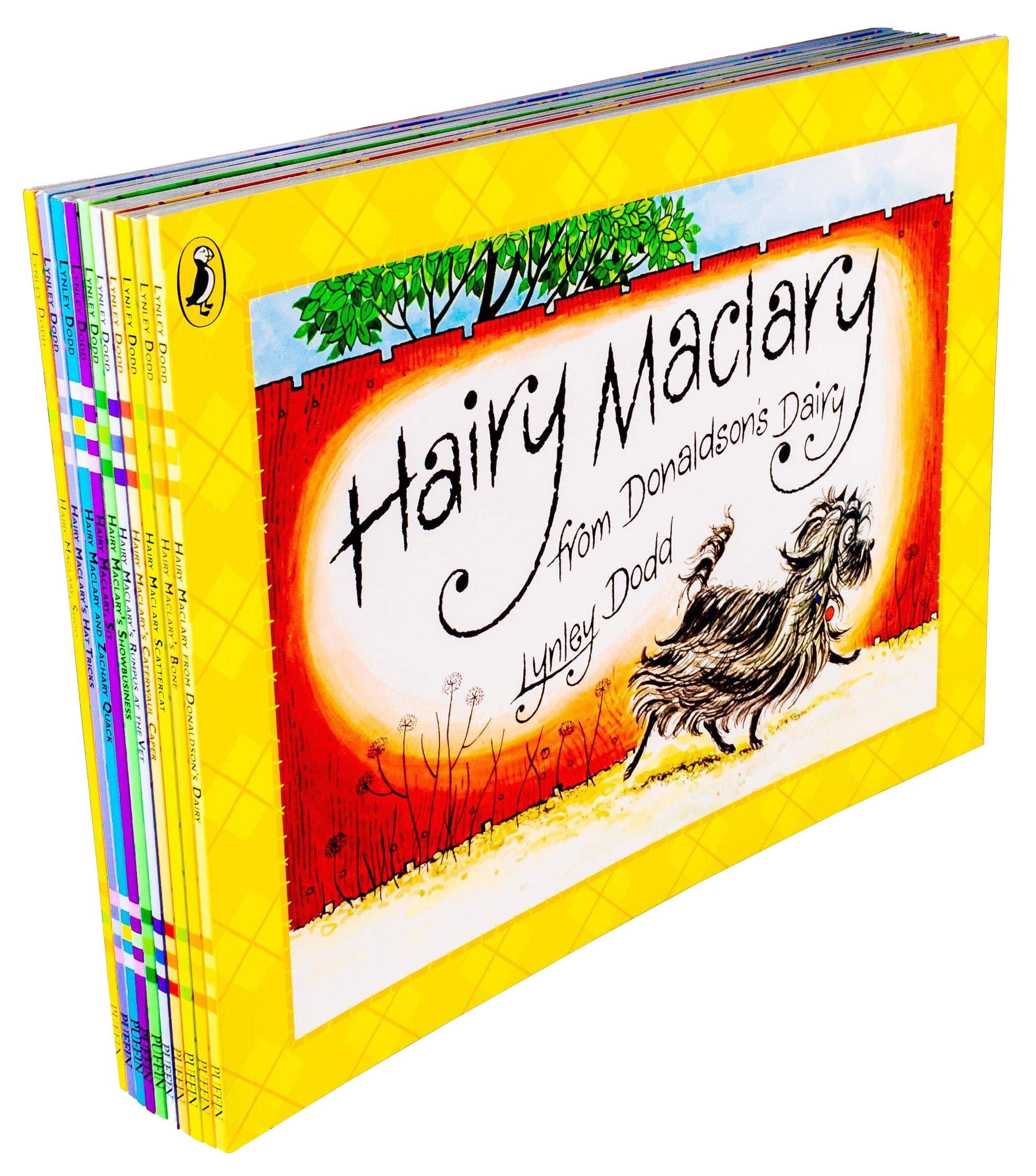 Stacked view of all 10 Hairy Maclary and Friends paperback books by Lynley Dodd showing colorful spines and covers.