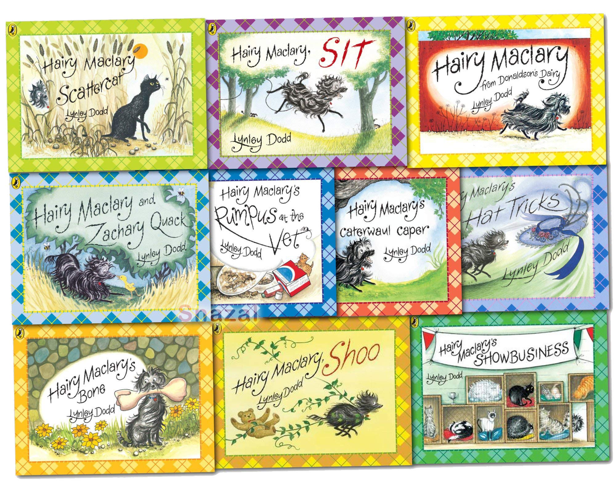 Close-up of the Hairy Maclary and Friends 10-book paperback set covers fanned out to show individual titles.