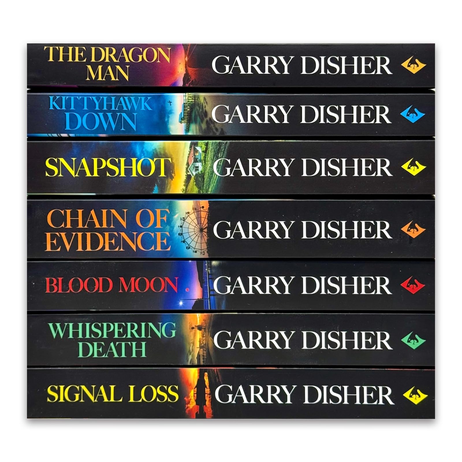 The Dragon Man and Kittyhawk Down paperback covers from the Hal Challis Investigation series by Garry Disher