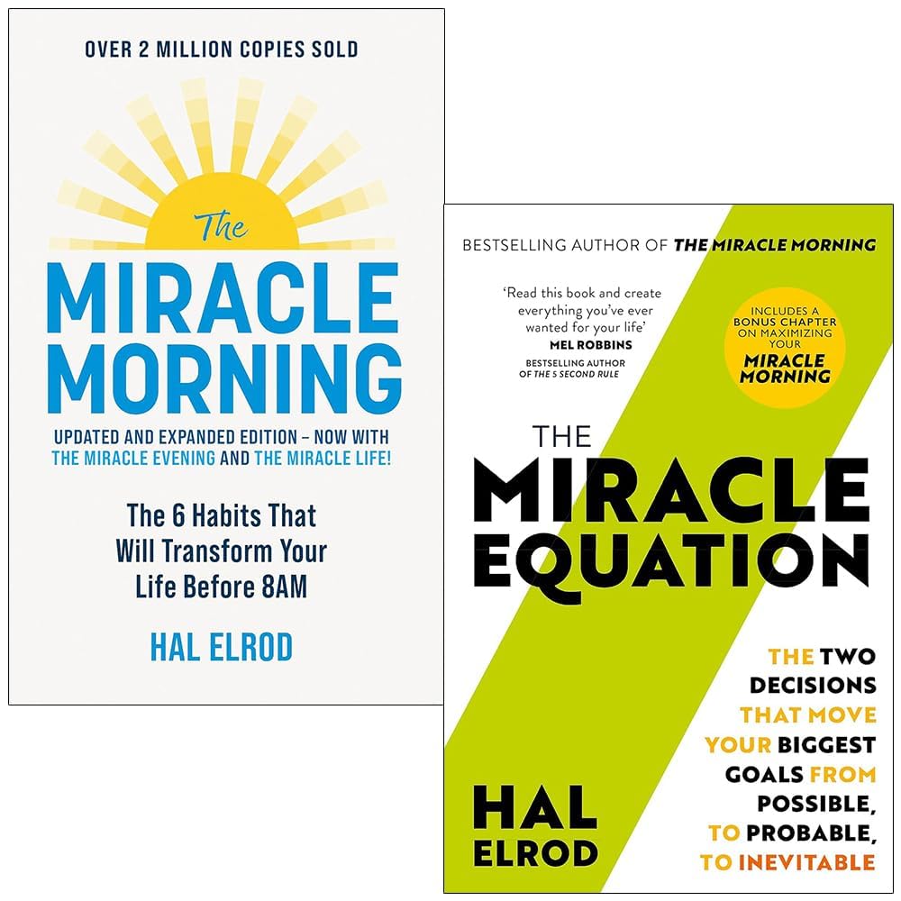 Front covers of the Hal Elrod 2 Books Collection Set, The Miracle Morning and The Miracle Equation, paperback edition.
