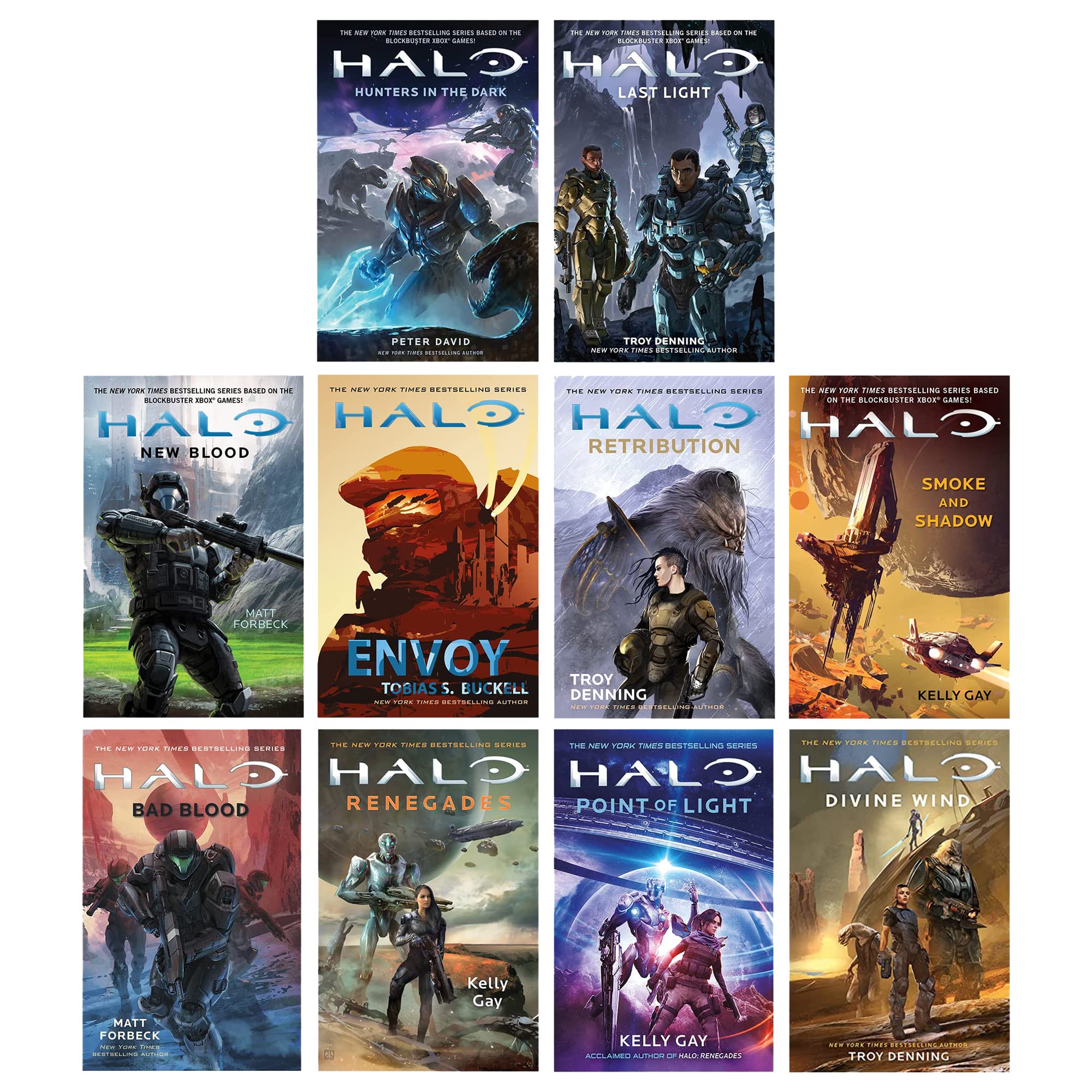 Full set of ten Halo Series paperback novels fanned out together, showing spines and cover art for Hunters in the Dark, Last Light, New Blood, Envoy, Retribution, Smoke and Shadow, Bad Blood, Renegades, Point of Light, and Divine Wind.