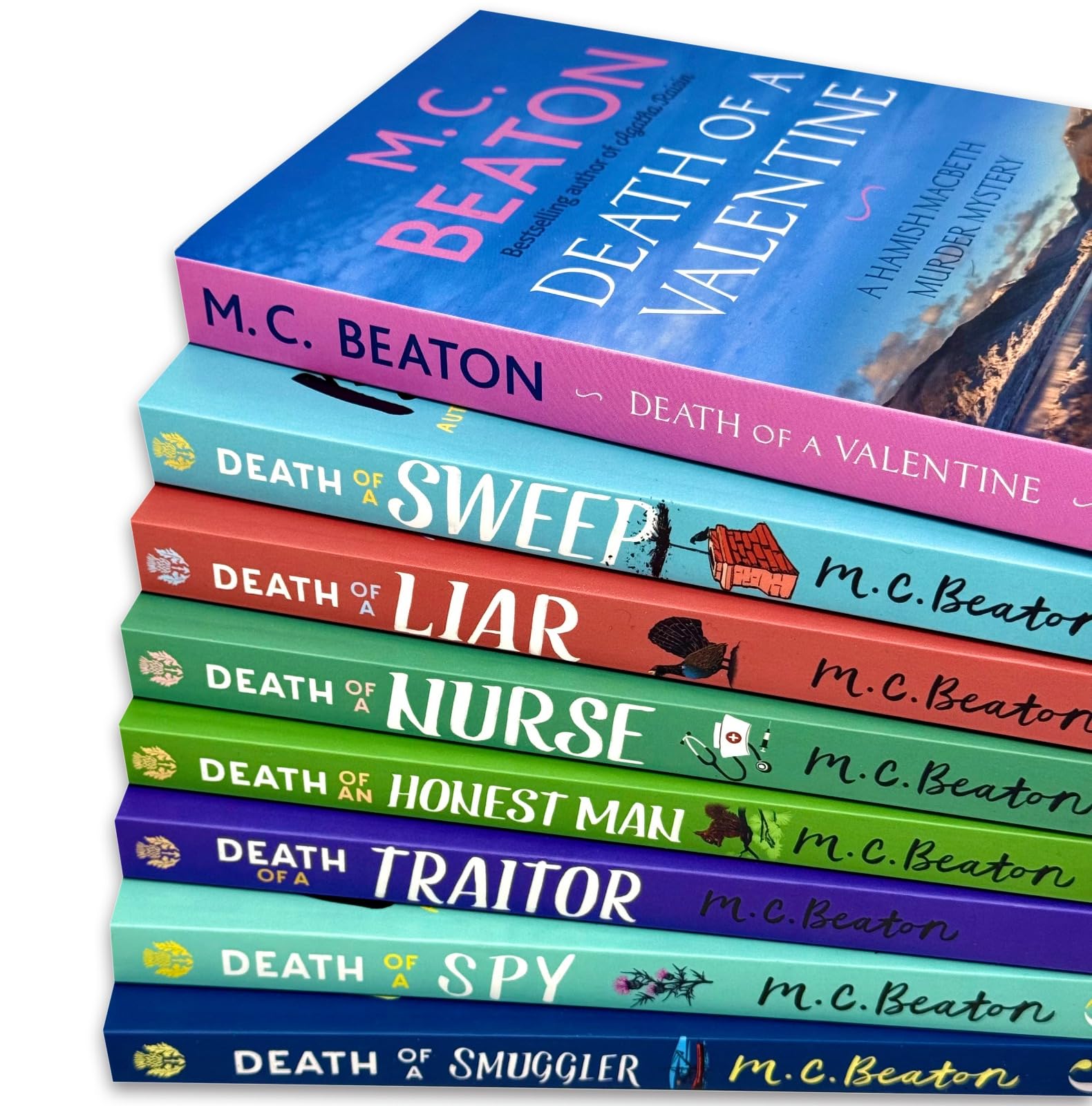 All eight Hamish Macbeth Later Mysteries paperback books fanned out showing individual cover artwork