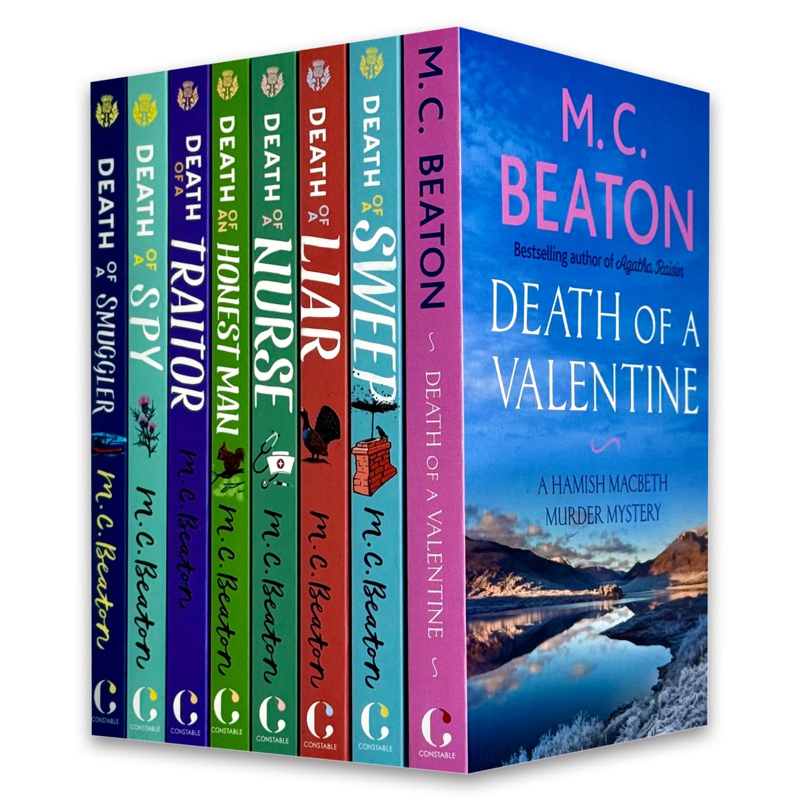 Front cover of the Hamish Macbeth Later Mysteries 8-book paperback collection set by M.C. Beaton and R.W. Green