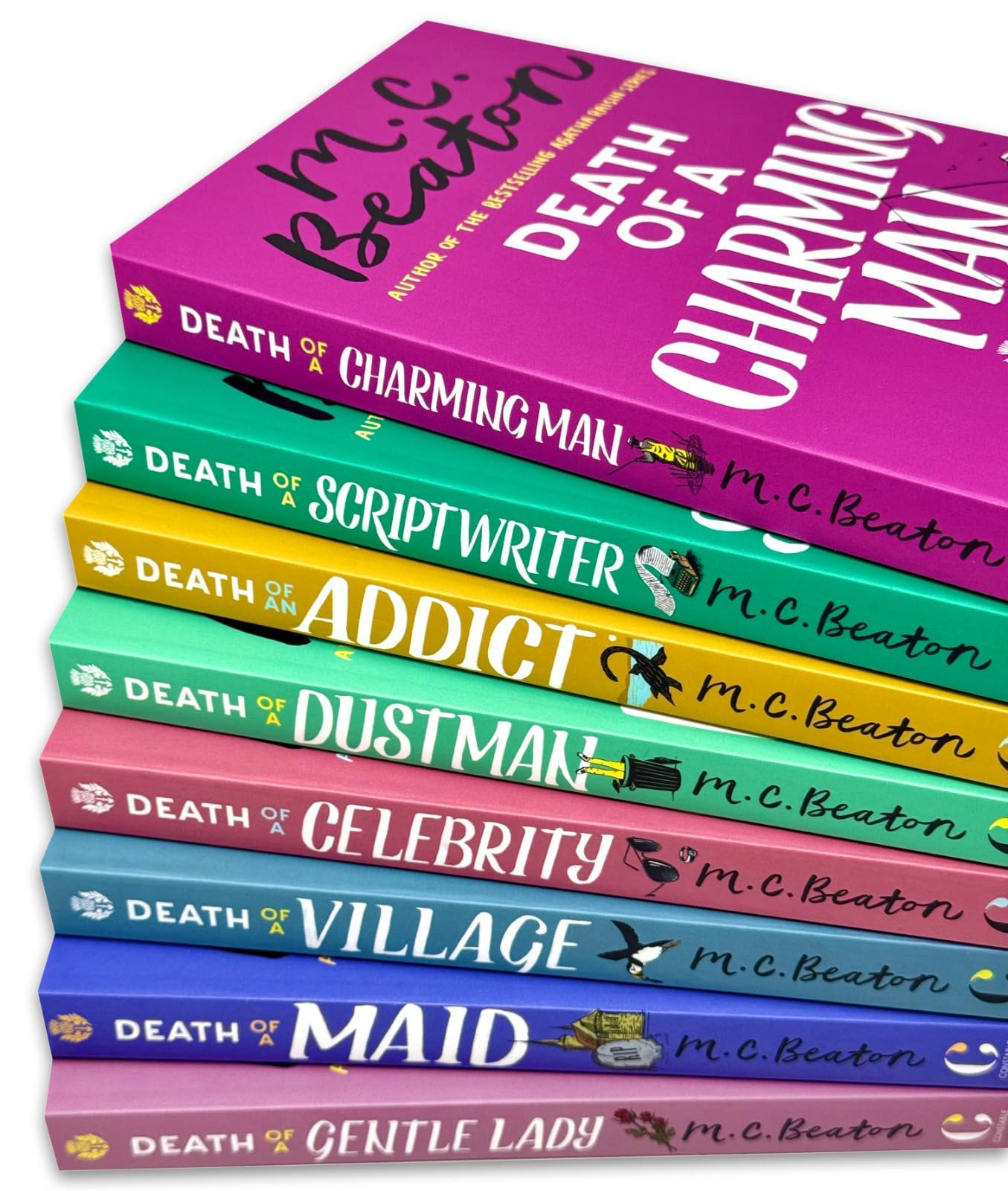 Stacked paperback spines of the Hamish Macbeth mystery collection showing all 8 titles by M.C. Beaton