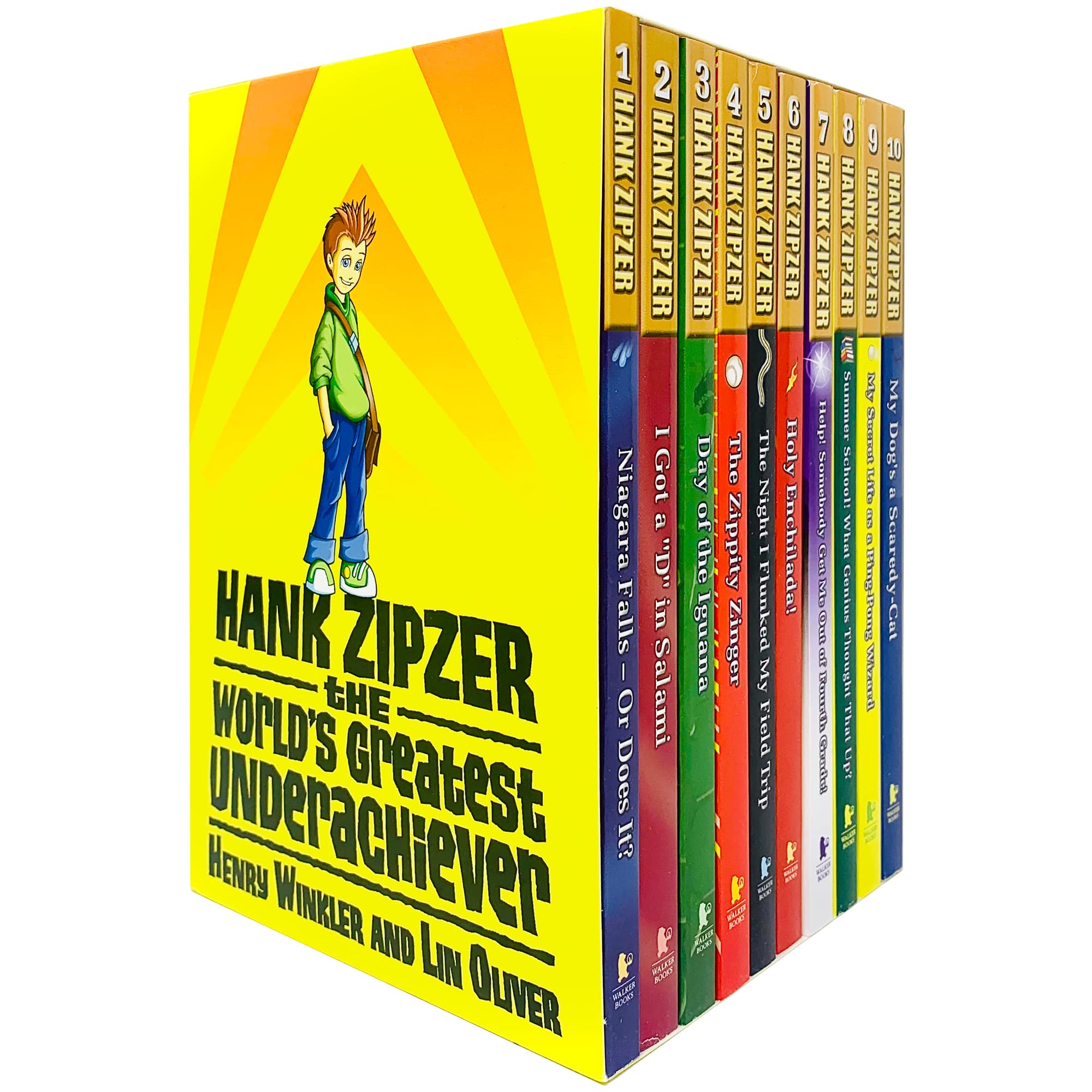 Close-up of the Hank Zipzer 10-book paperback set by Henry Winkler, showing colorful spines and cover artwork for ages 7-9