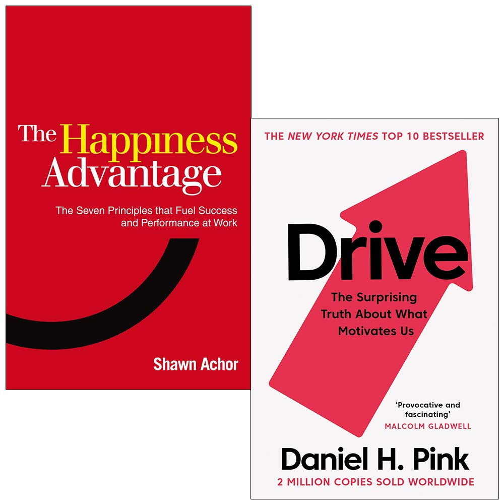 The Happiness Advantage and Drive paperback book set by Shawn Achor and Daniel H. Pink displayed on a wooden table