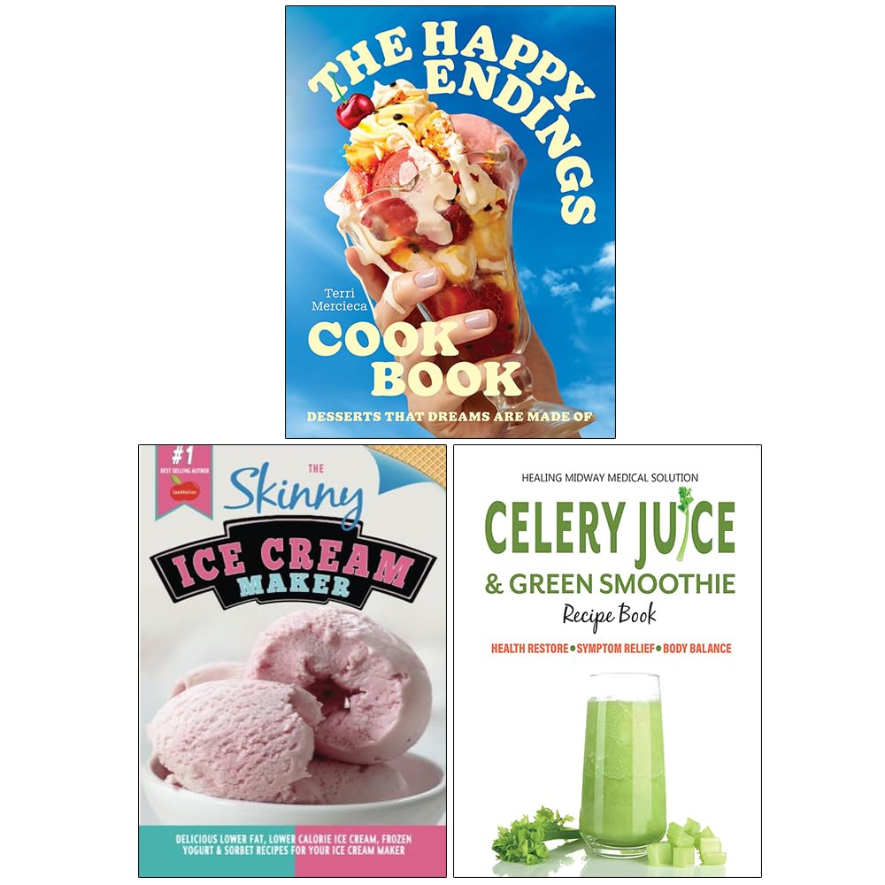 Front cover of The Happy Endings Cookbook, Skinny Ice Cream Maker & Celery Juice recipe book paperback set