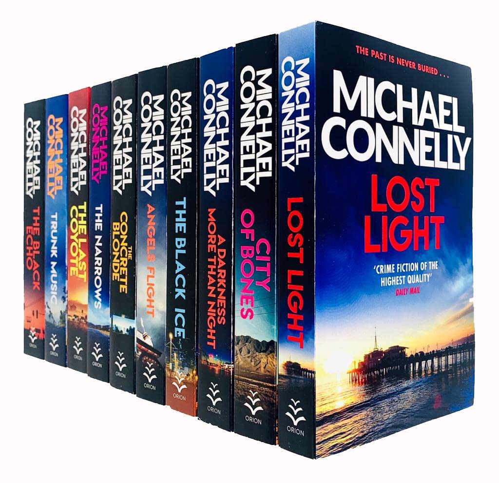 Spines and covers of the ten Harry Bosch mystery novels by Michael Connelly shown fanned out in paperback format.