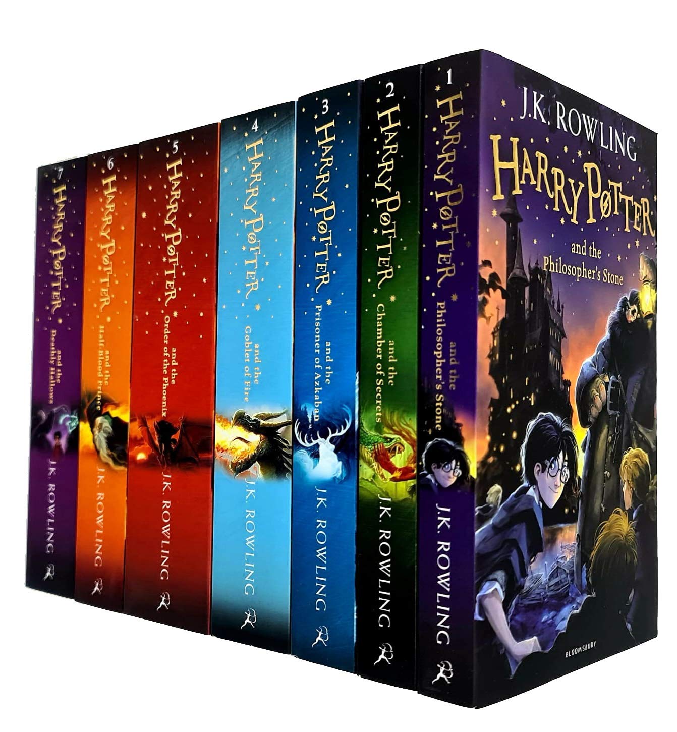 Front cover of the Harry Potter 7 Books Collection Set paperback boxed set by J.K. Rowling, showing all seven titles from Philosopher's Stone to Deathly Hallows