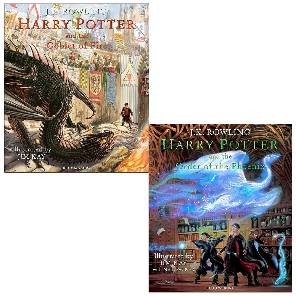 Front covers of the Harry Potter Illustrated Edition 2-book hardback set by J.K. Rowling, showing Goblet of Fire and Order of the Phoenix with Jim Kay artwork.