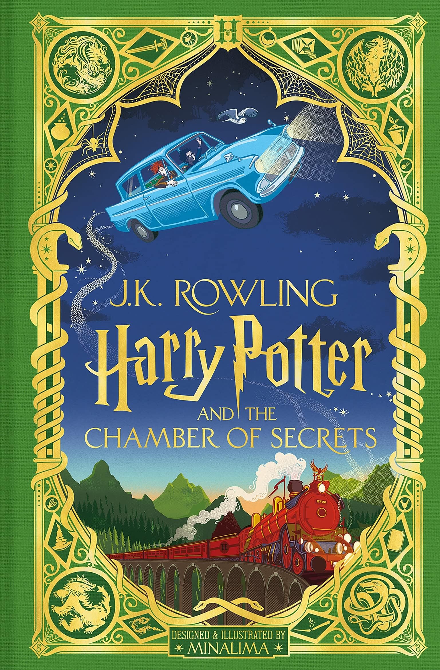 Harry Potter MinaLima Edition hardback set displayed together, highlighting the colorful illustrated slipcase packaging for both books.