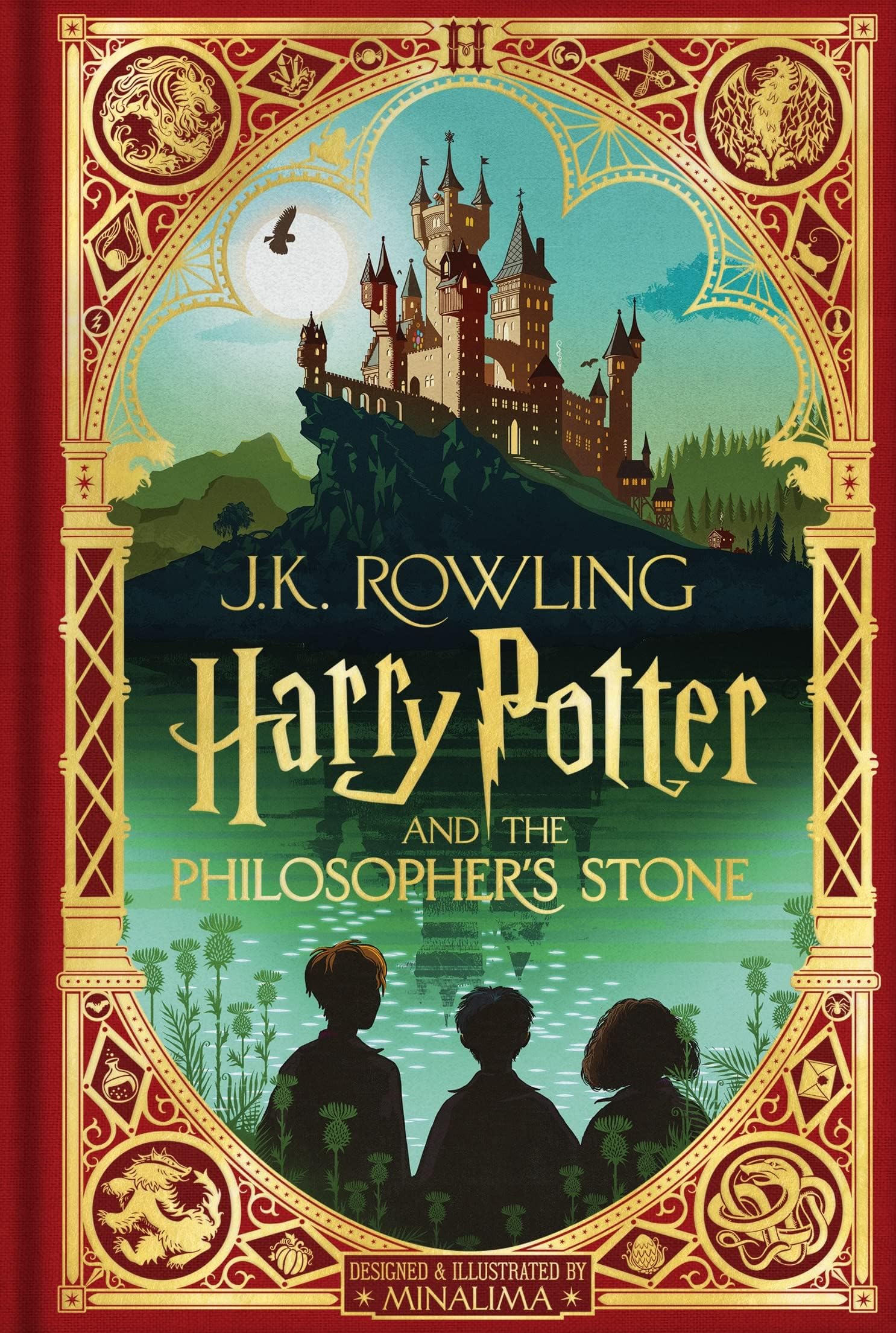 Back cover and spine detail of the Harry Potter MinaLima Edition 2-book hardback set by J.K. Rowling, published by Bloomsbury.