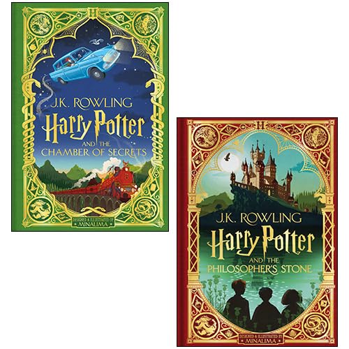 Front cover view of the Harry Potter MinaLima Edition 2 books hardback collection set by J.K. Rowling, showing Philosopher's Stone and Chamber of Secrets.