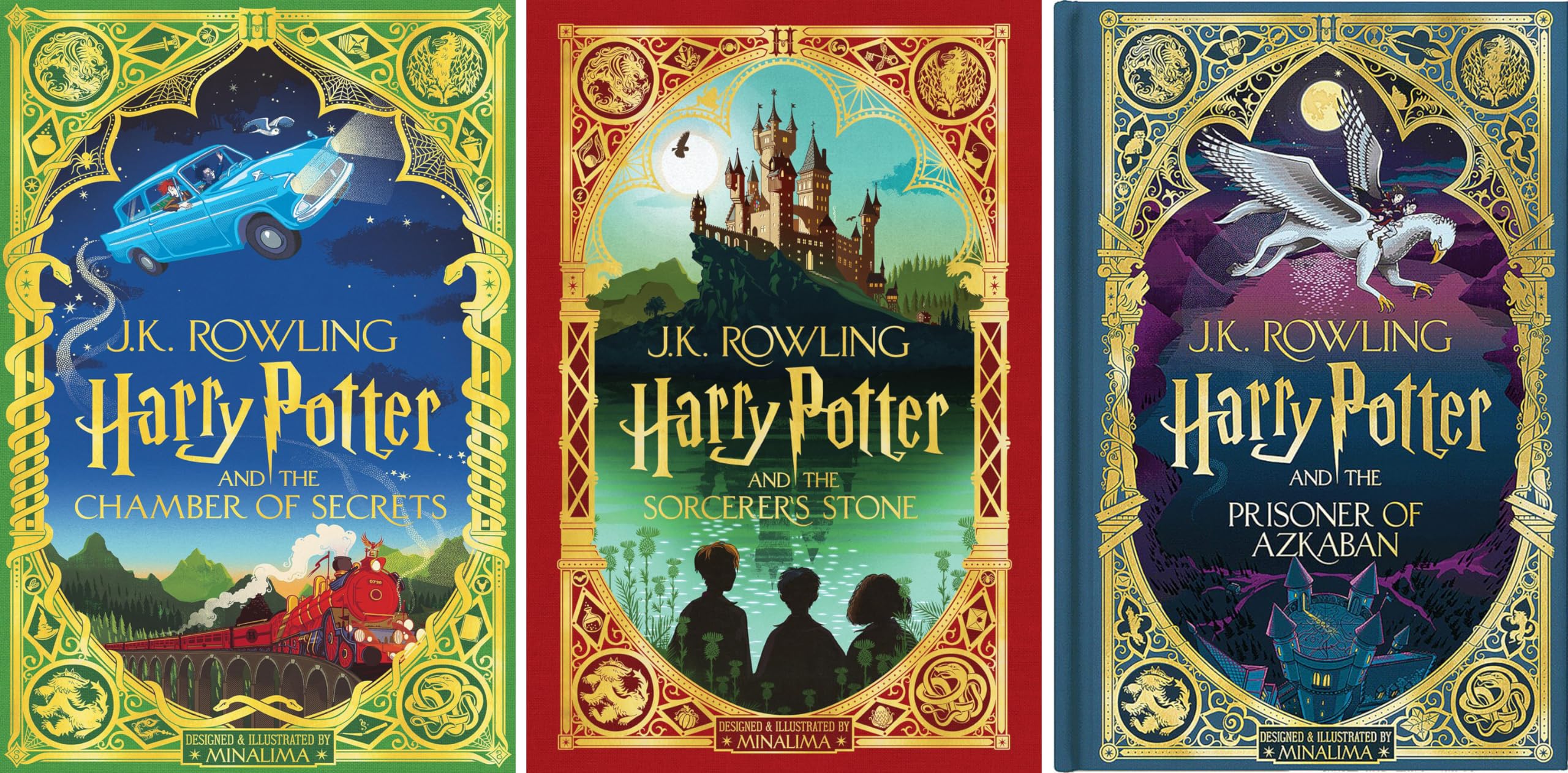 All three MinaLima Edition hardback covers of the Harry Potter fiction collection displayed together, highlighting the illustrated fantasy artwork.