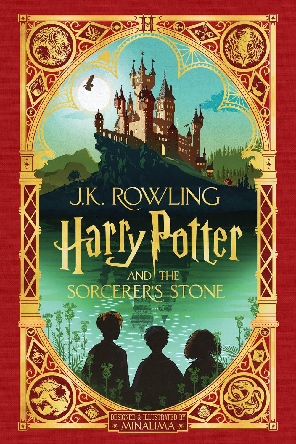 Close-up of the vibrant illustrated cover art on the Harry Potter MinaLima Edition hardback set, showcasing the color design detail.