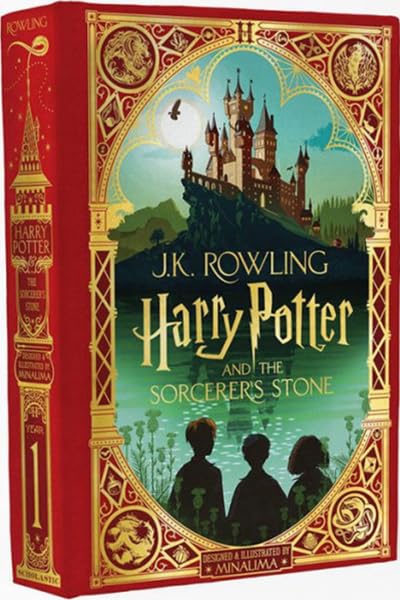 Spine view of the Harry Potter MinaLima Edition 3-book hardback collection, showing the matching illustrated spine designs side by side.