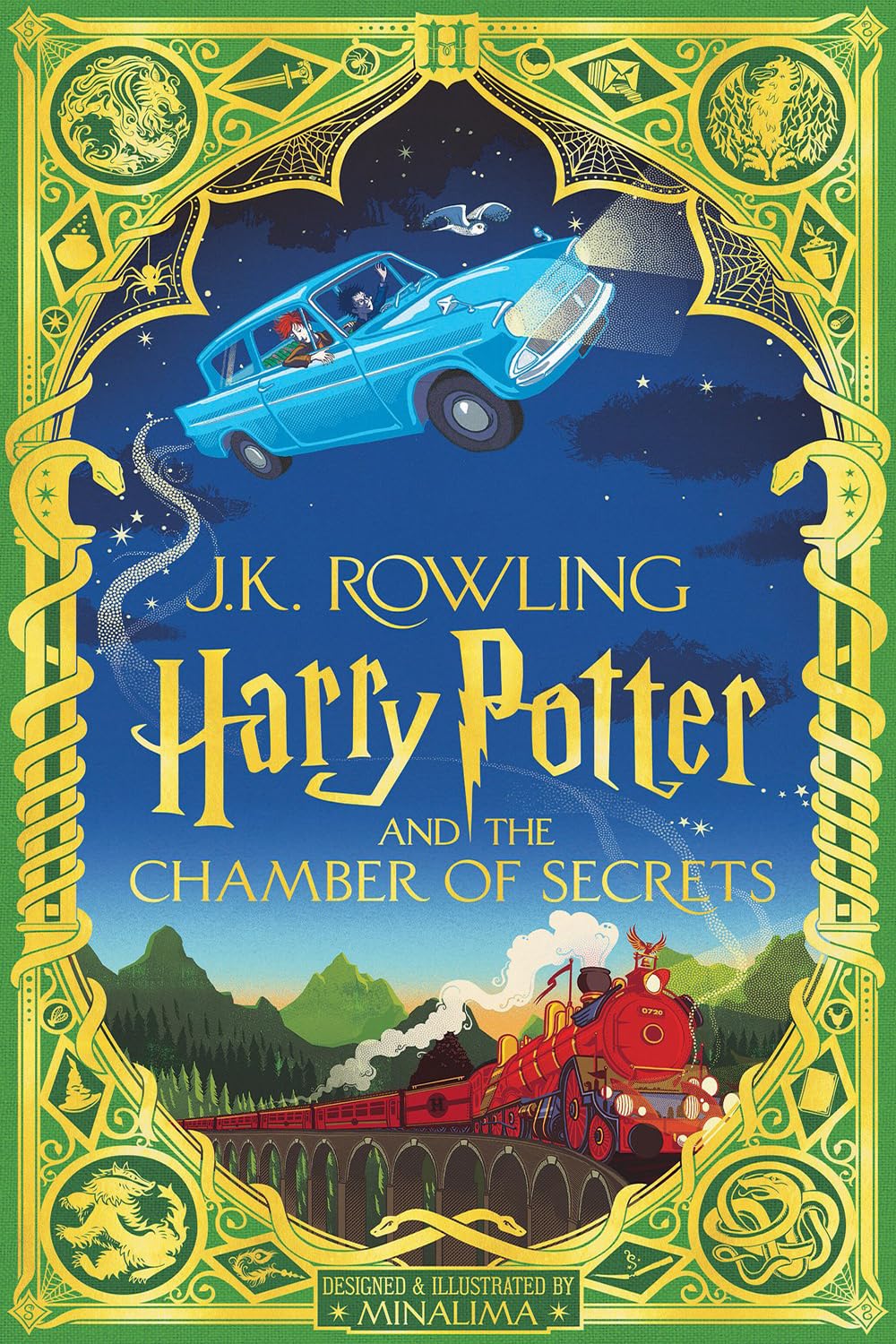 Harry Potter MinaLima Edition hardback books stacked on a wooden table, displaying the illustrated cover artwork from an angled view.
