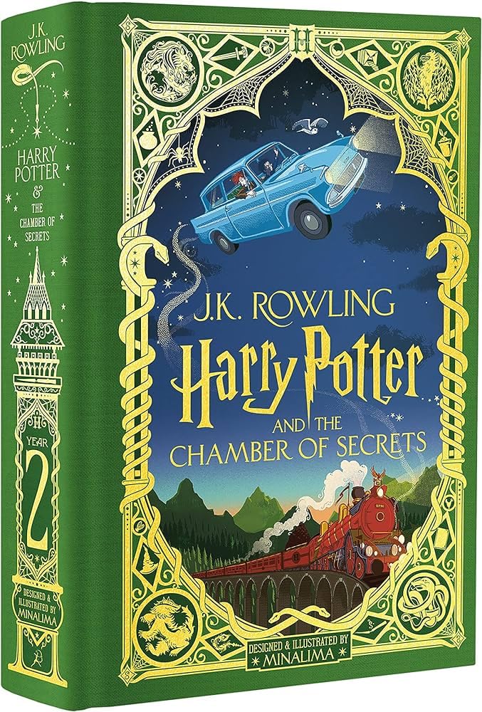 Harry Potter MinaLima Edition hardback collection set arranged in a decorative display, featuring all three illustrated fiction titles.