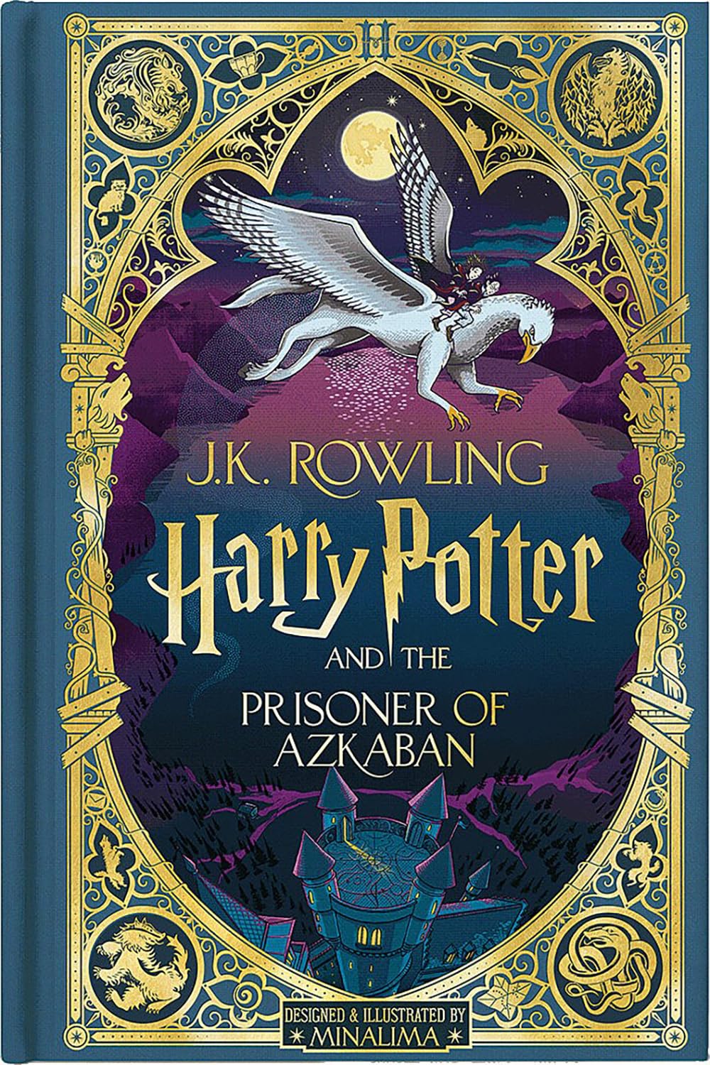 Fanned-out view of the Harry Potter MinaLima Edition 3-book hardback set, revealing colorful illustrated spine and cover designs.