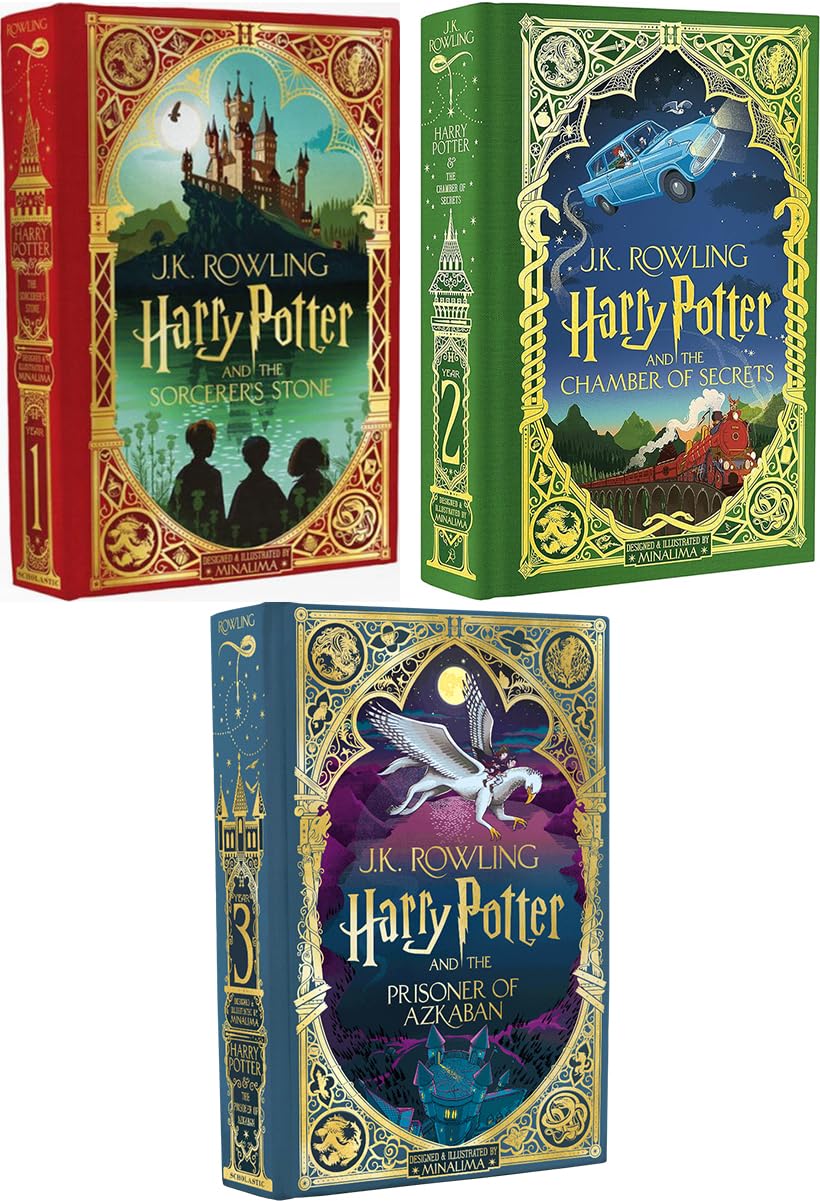 Front cover of the Harry Potter MinaLima Edition 3-book hardback collection set by J.K. Rowling, showing illustrated covers for Sorcerer's Stone, Chamber of Secrets, and Prisoner of Azkaban.