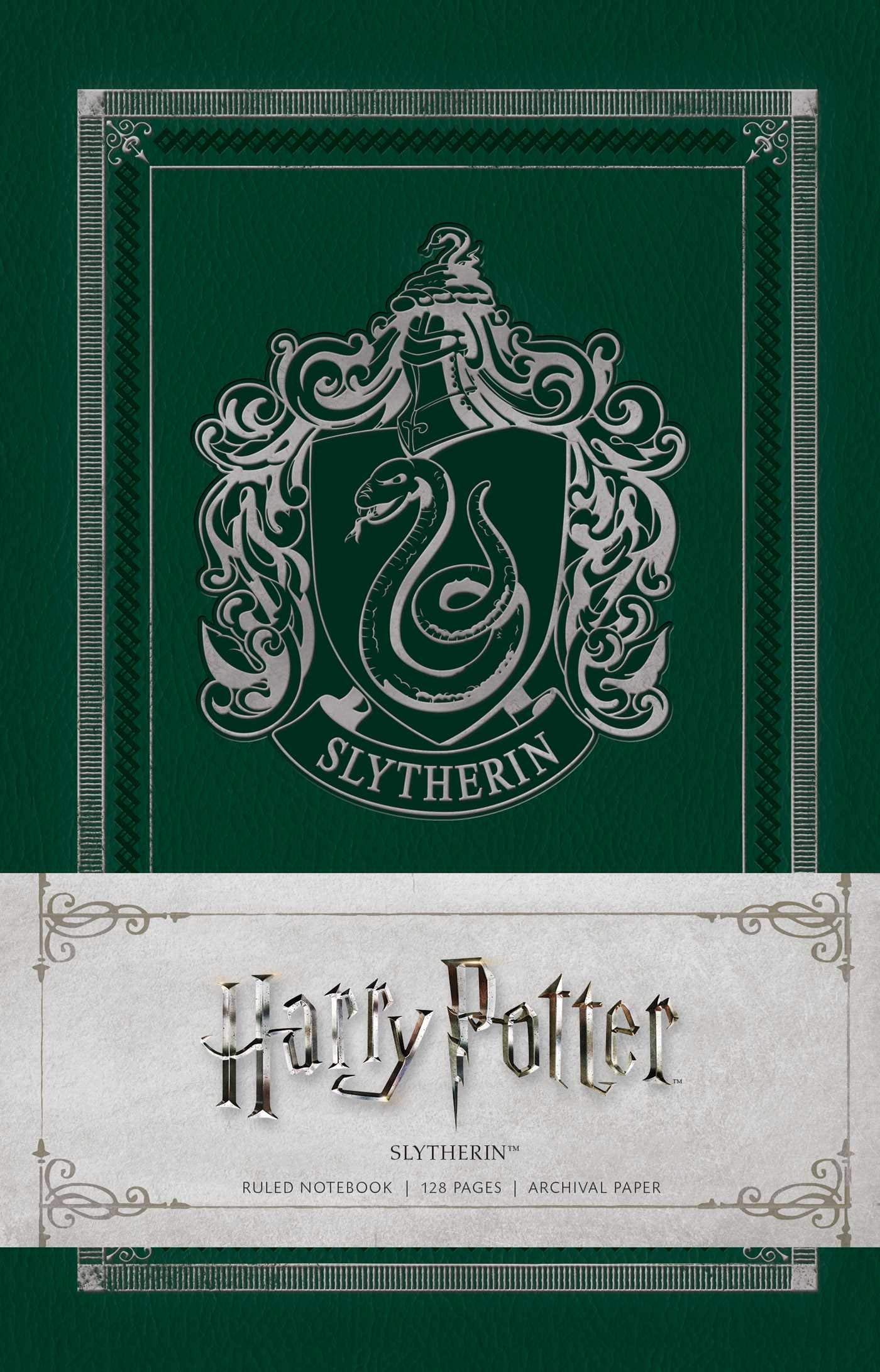 All three Harry Potter ruled notebooks fanned out together showing Gryffindor, Slytherin, and Deathly Hallows covers side by side
