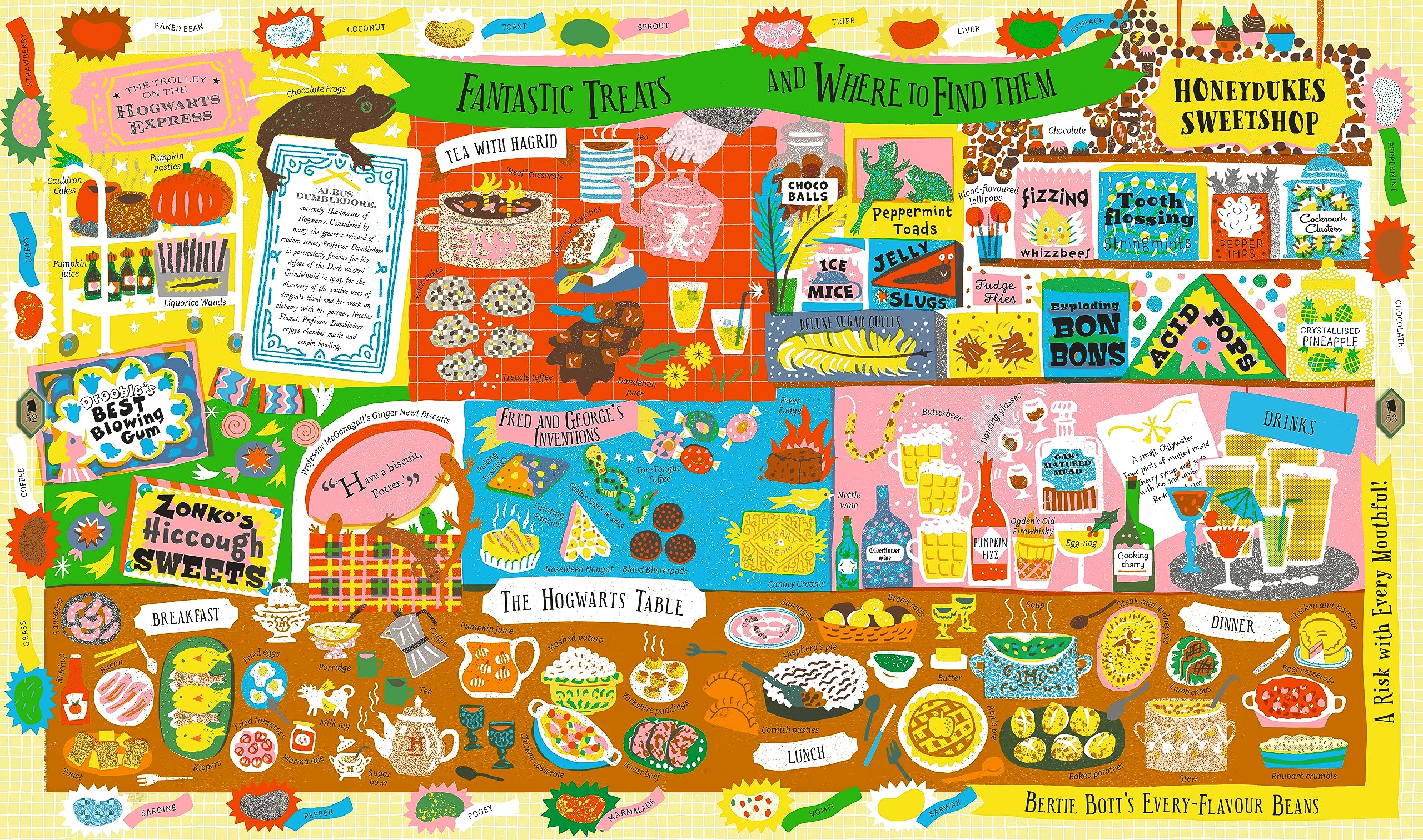 Detailed illustration spread inside the Harry Potter Wizarding Almanac hardback showing magical lore entries.