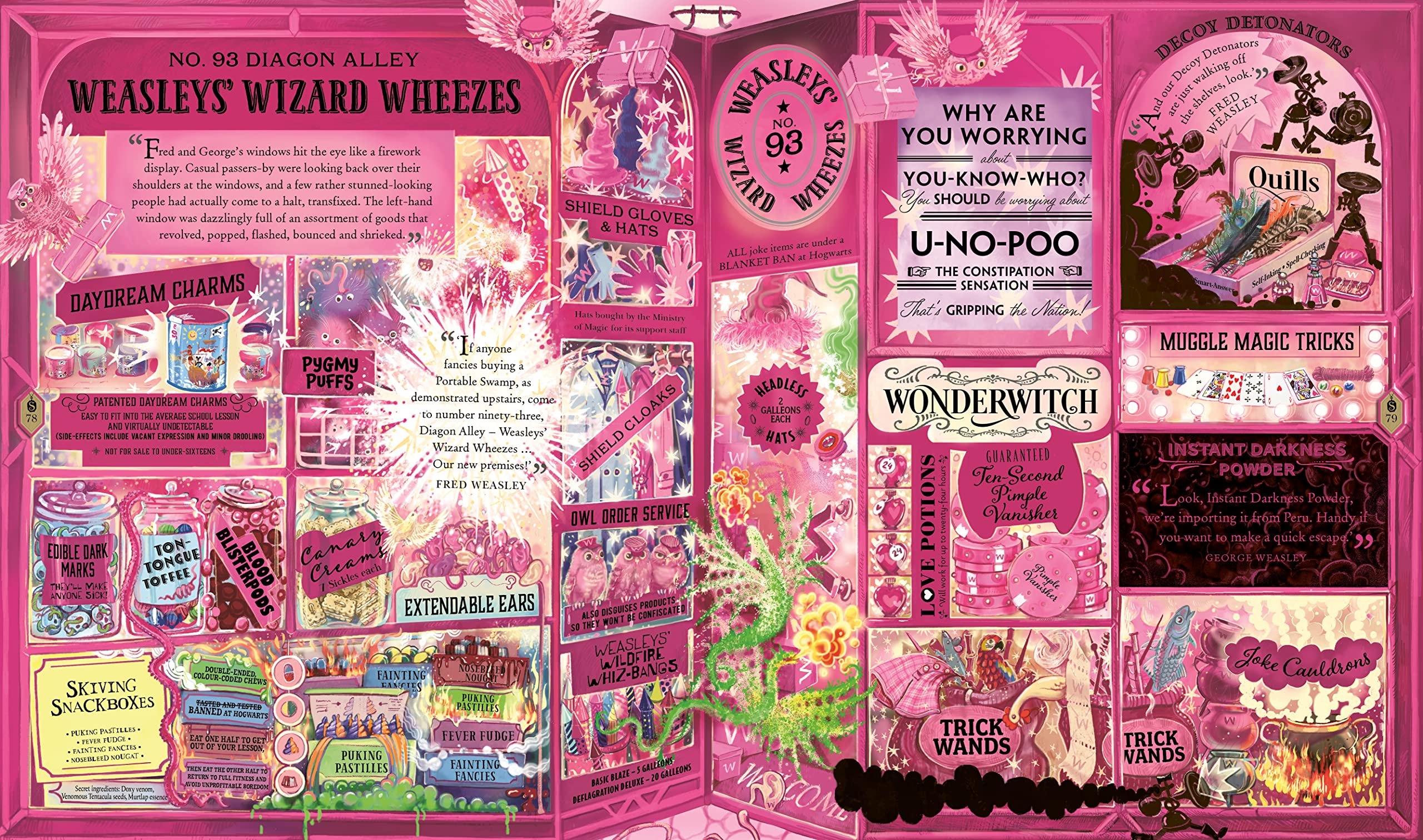 Full view of the colorful hardback cover of the Harry Potter Wizarding Almanac with magical illustrations.